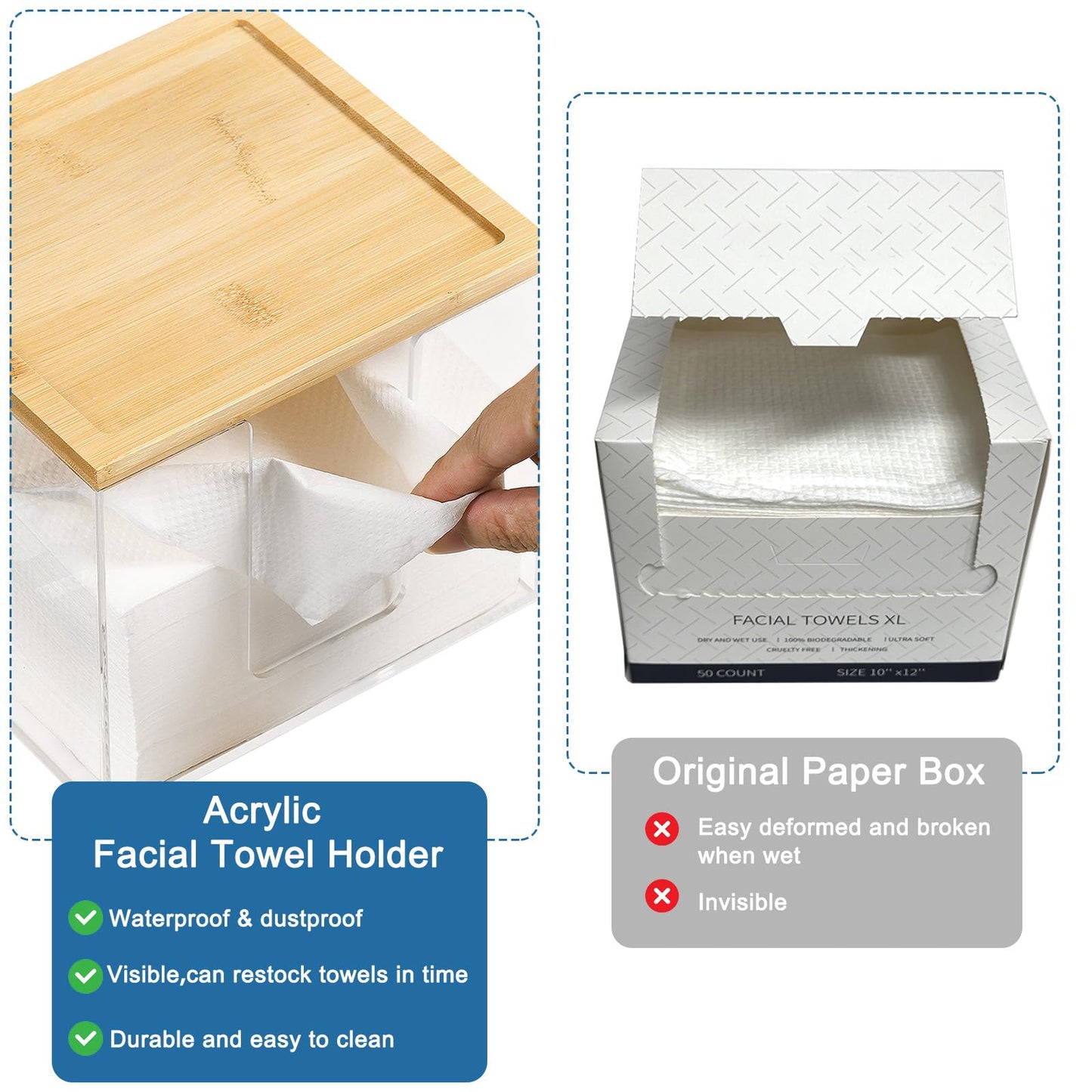 Anlanbor Disposable Face Towels Holder with 2 Qtip Holder Dispenser, Acrylic Facial Towel Container for Clean Face Towel XL, Clear Storage Box with Bamboo Lid for Bathroom, Vanity Counter Organizer