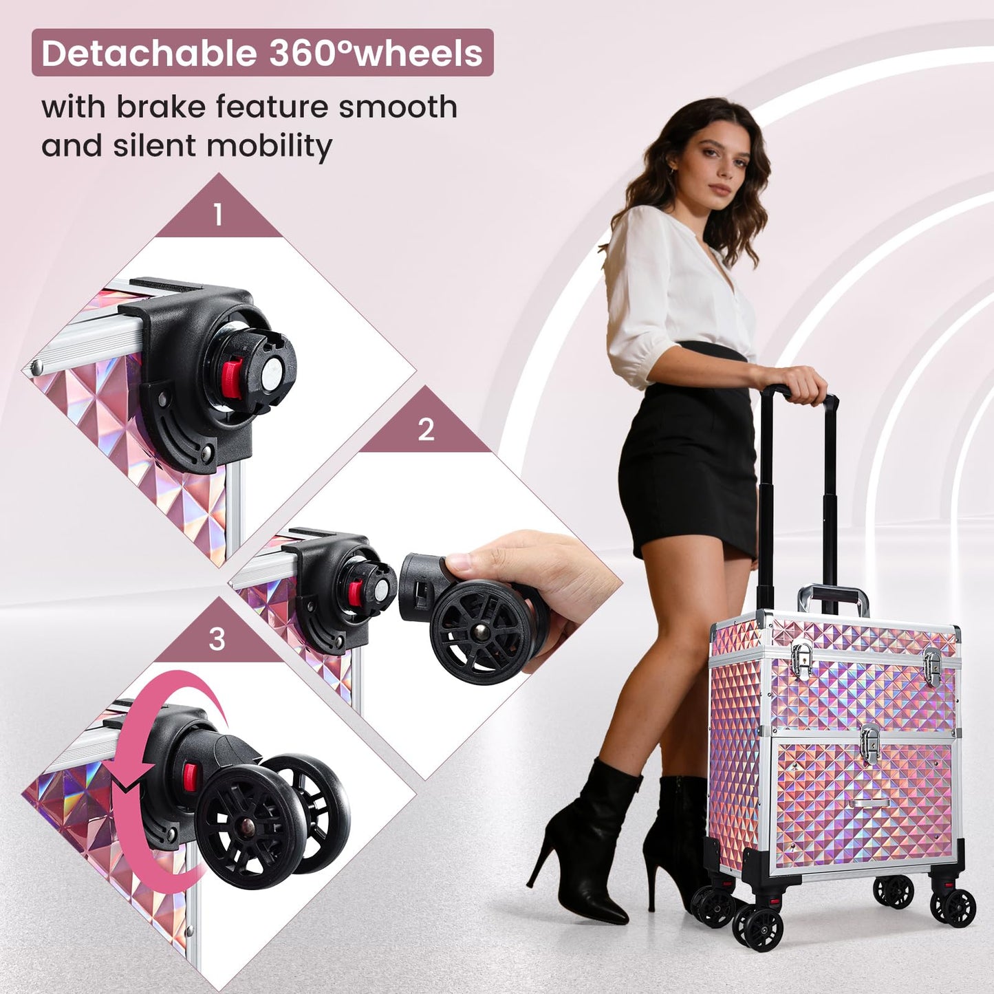 Adazzo Professional Rolling Makeup Case with Drawer for Makeup Artists Cosmetic Train Case Large Storage Case for Nail Technicians Cosmetology Case with Detachable Bag for Hairstylist Pink