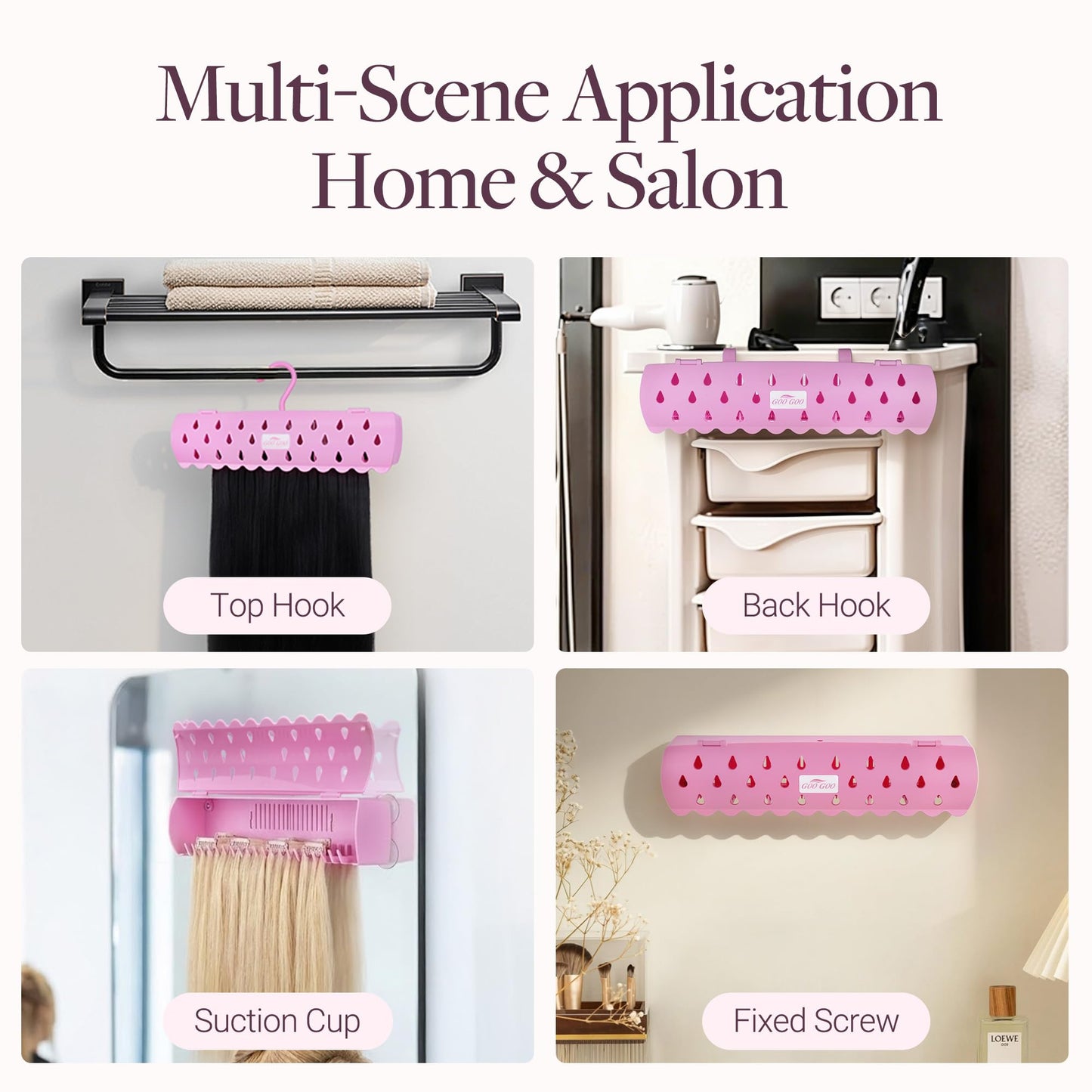 GOOGOO Hair Extension Holder Stand for Styling, 5 Installation Modes With Tool, Pink Hair Extension Holder Designed to Securely Hold Your Extensions for Washing, Styling, Packing and Storing