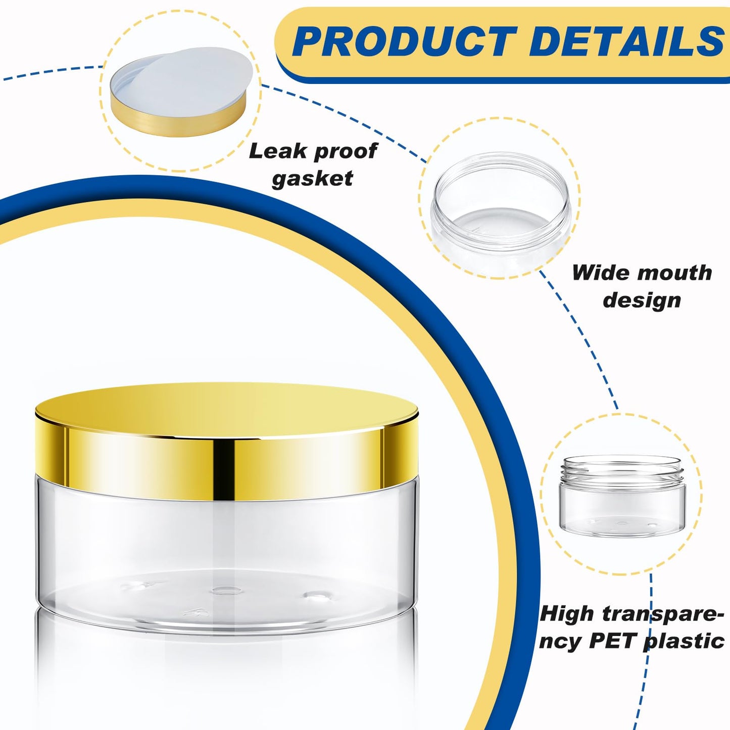 Dandat 24 Pcs 4 oz Plastic Jar Container with Lid and Label Refillable Empty Round Clear with Gold PET Cosmetic Sample Slime Containers for Lotion, Cream, Ointments, Body Butter, Makeup Travel Storage