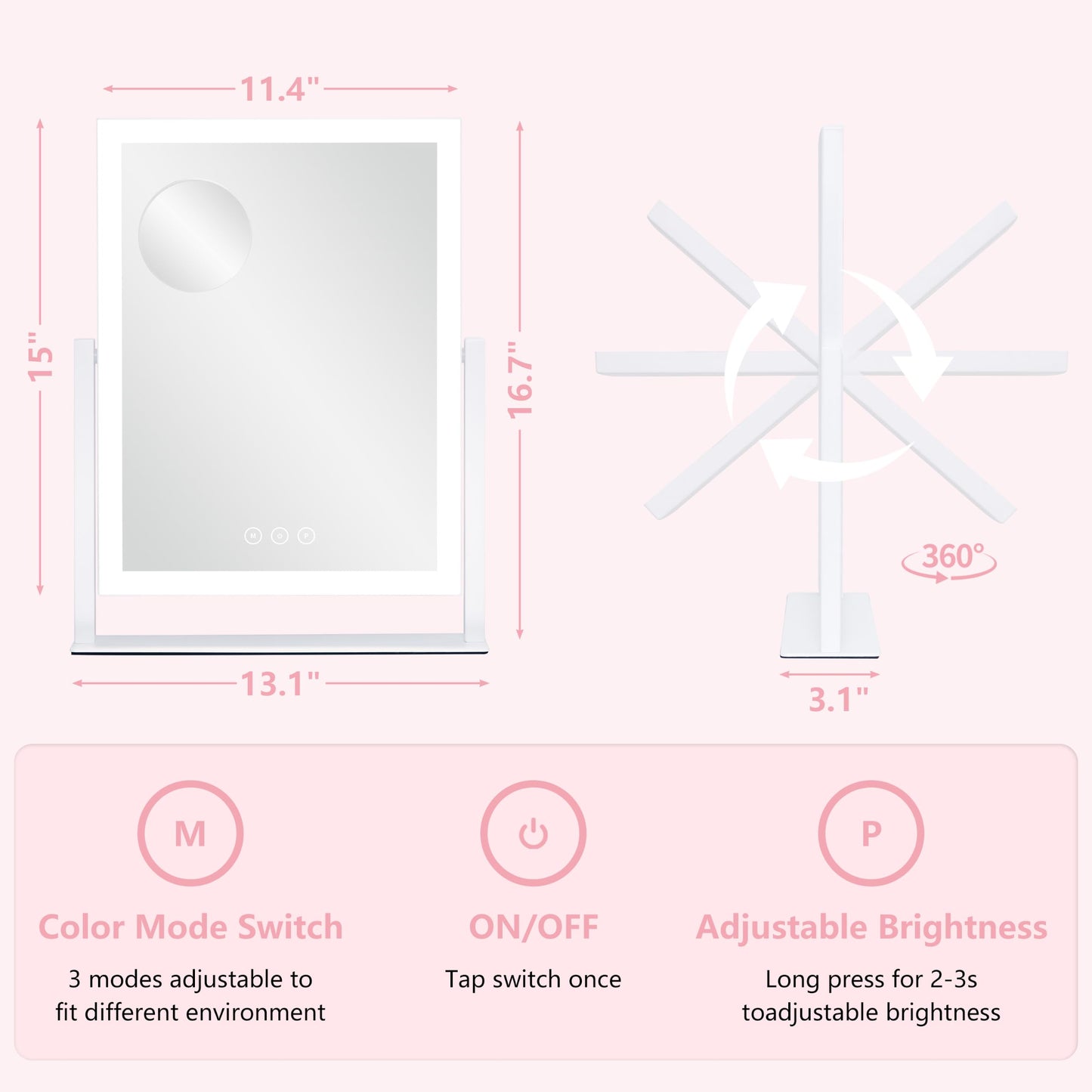 Lighted Vanity Mirror with Lights, Makeup Mirror with Light, 16.7"x 13.2",Three Color Lighting Modes and Dimmable Lighting, Smart Touch Control, 360°Rotation, for Vanity Desk Tabletop,Dressing Room