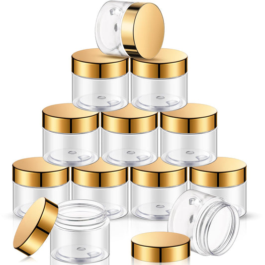 SATINIOR 12 Pack Plastic Container Jars with Lids Round Clear Travel Cosmetic Container Jars for Toiletries, Lotion, Cream, Ointments, Makeup, Rhinestone, Samples, Kitchen Storage(2 oz,Gold)