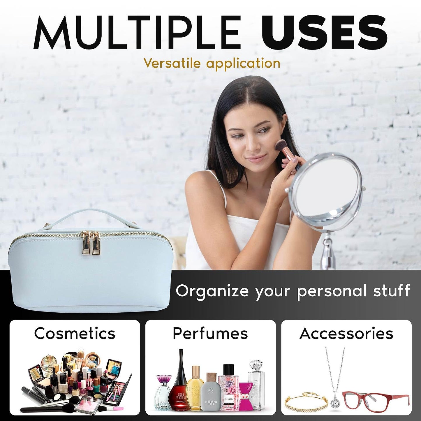 Travel Makeup Bag, Large Capacity Cosmetic Bag for Women, Large Makeup Organizer, PU Leather Waterproof Makeup bag, Travel Toiletry Bag Open flat Makeup Bag with Dividers and Handle (Smooth, White)