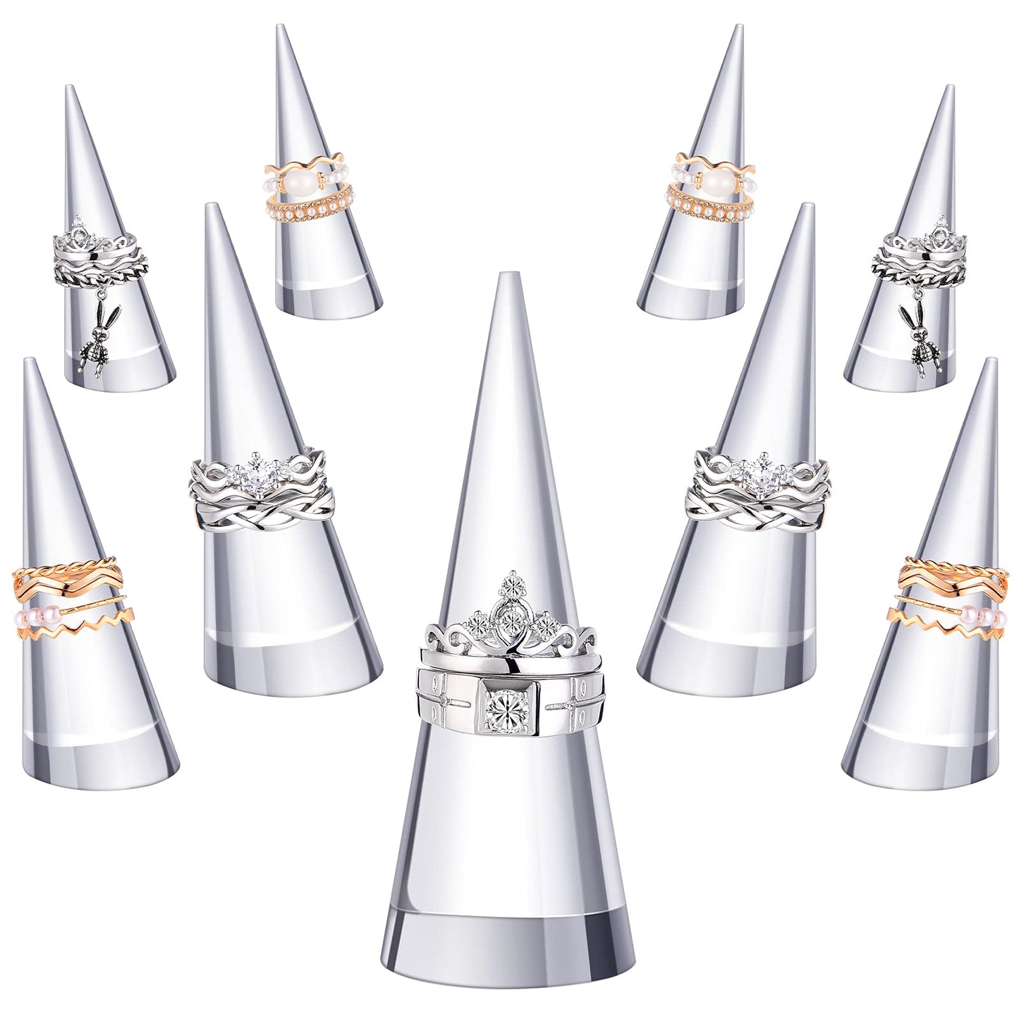 Jetec 10 Pieces Clear Acrylic Crystal Ring Holder Acrylic Ring Display Jewelry Holder Wedding Display Cone Support Single Finger Rings Showcase Stand for Jewelry (Transparent)