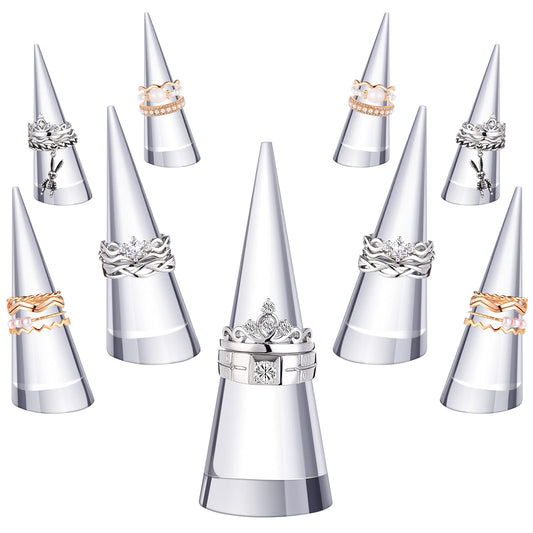 Jetec 10 Pieces Clear Acrylic Crystal Ring Holder Acrylic Ring Display Jewelry Holder Wedding Display Cone Support Single Finger Rings Showcase Stand for Jewelry (Transparent)