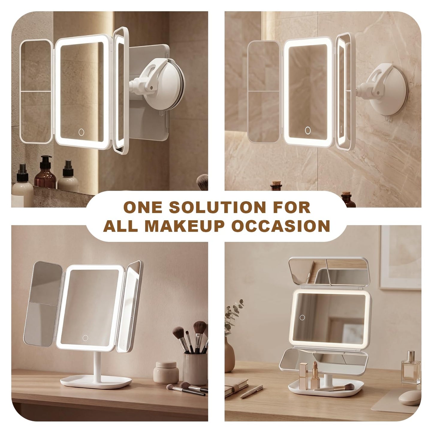 Hoxutym Makeup Mirror with Lights, 3000mAh 3X/2X/1X Magnification Vanity Mirror with Suction&Stand Base, 360° Adjustment Rechargeable Trifold Mirror for Travel/Bedroom/Dorm, Gifts for Women, Girls