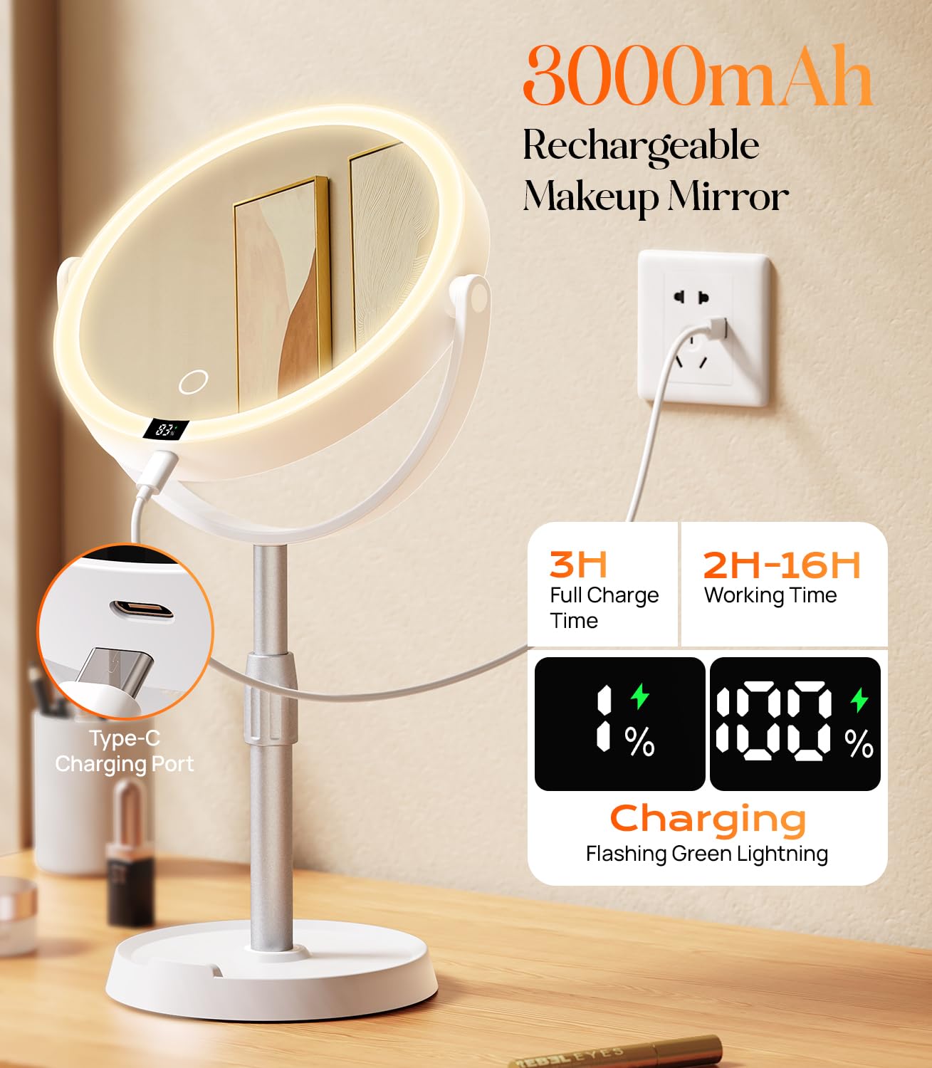Gospire ABS 7" Lighted Makeup Mirror with Lights and Magnification, 20X Magnifying Mirror with Light for Makeup Desk, Height Adjustable and Digital Display - White Silver