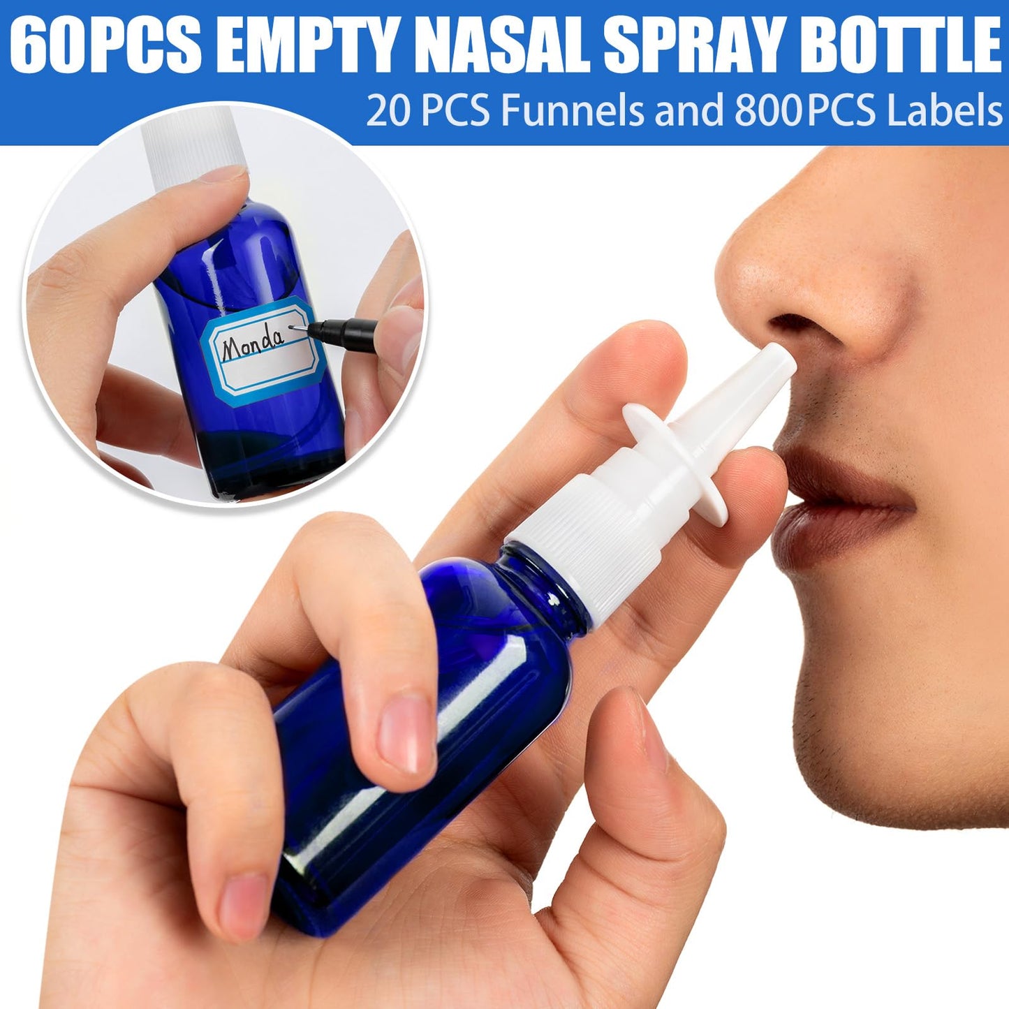 ZHWKMYP 100 Pcs Nasal Spray Bottle, 1OZ/30ML Glass Bule Empty Nasal Spray Bottles Refillable with 20 Funnels and 20 Labels