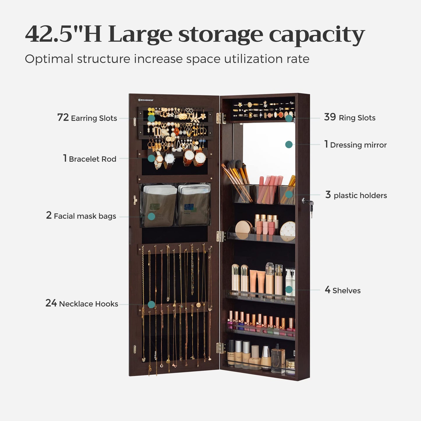 SONGMICS Jewelry Cabinet Armoire, Wall or Door Mount Storage Organizer with Full-Length Frameless Mirror, Lockable Cabinet with Built-in Small Mirror, Shelves, Gift Idea, Brown UJJC003K01