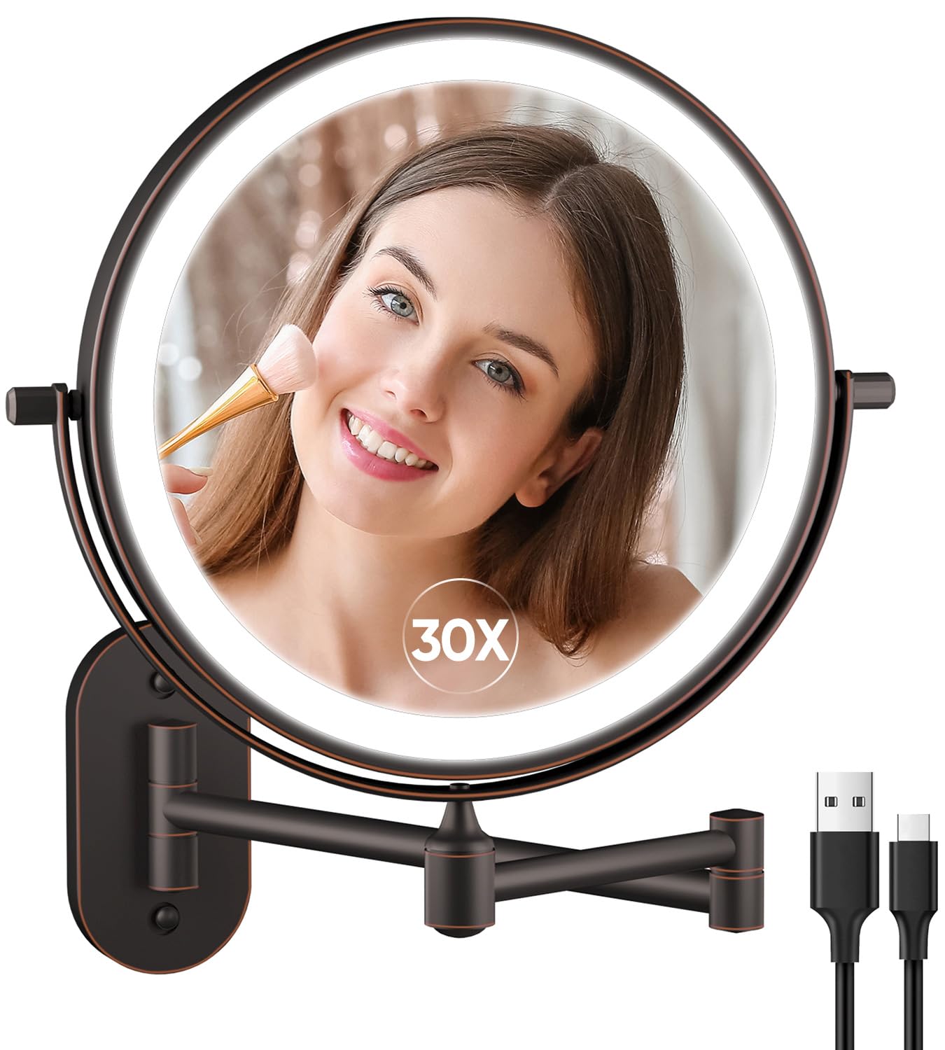 5000mAh Rechargeable Wall Mounted Lighted Makeup Vanity Mirror Double Sided 1X 30X Magnifying Bathroom Mirror, 3 Color Lighting, Touch Dimming, Extended Arm 360 Rotation Light up Mirror Antique Bronze