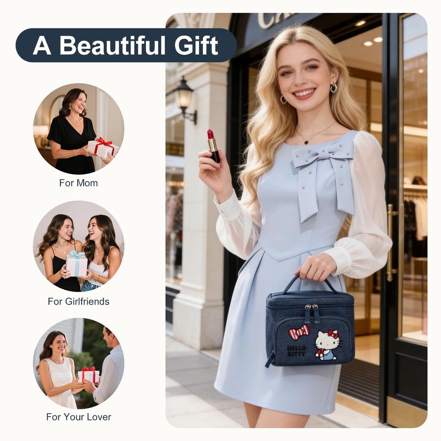 AmBealla Makeup Bag Large Cosmetic Bags,Denim Cute Embroidered Makeup Organizer for Women Traveling,Portable Toiletry Bag for Girls