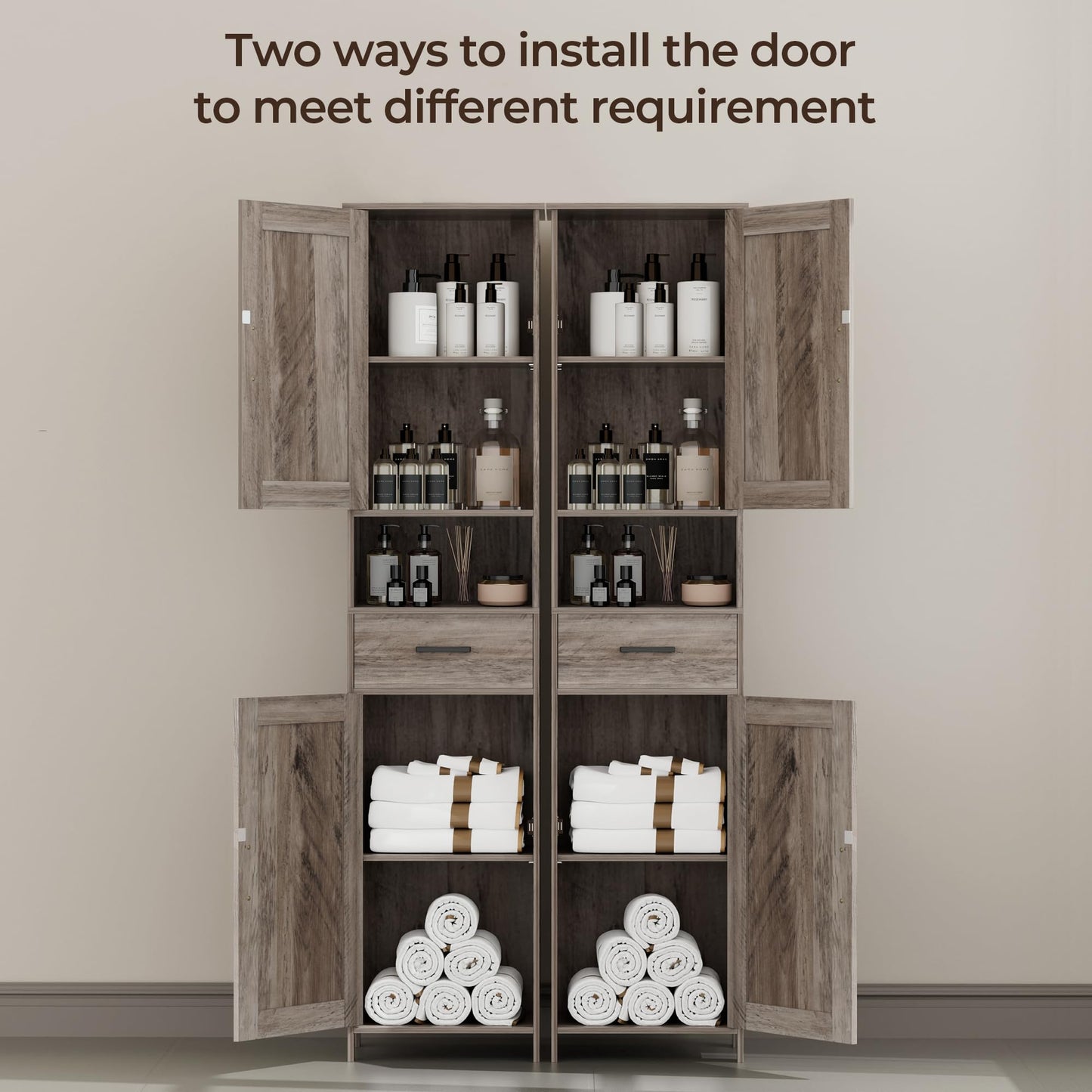 Homhedy 67" H Tall Bathroom Storage Cabinet with 2 Barn Doors and 1 Drawer, Narrow Storage Unit, Adjustable Shelves, Floor Cabinet for Bathroom, Living Room, Entryway, Kitchen, Greige, (15.7" W)