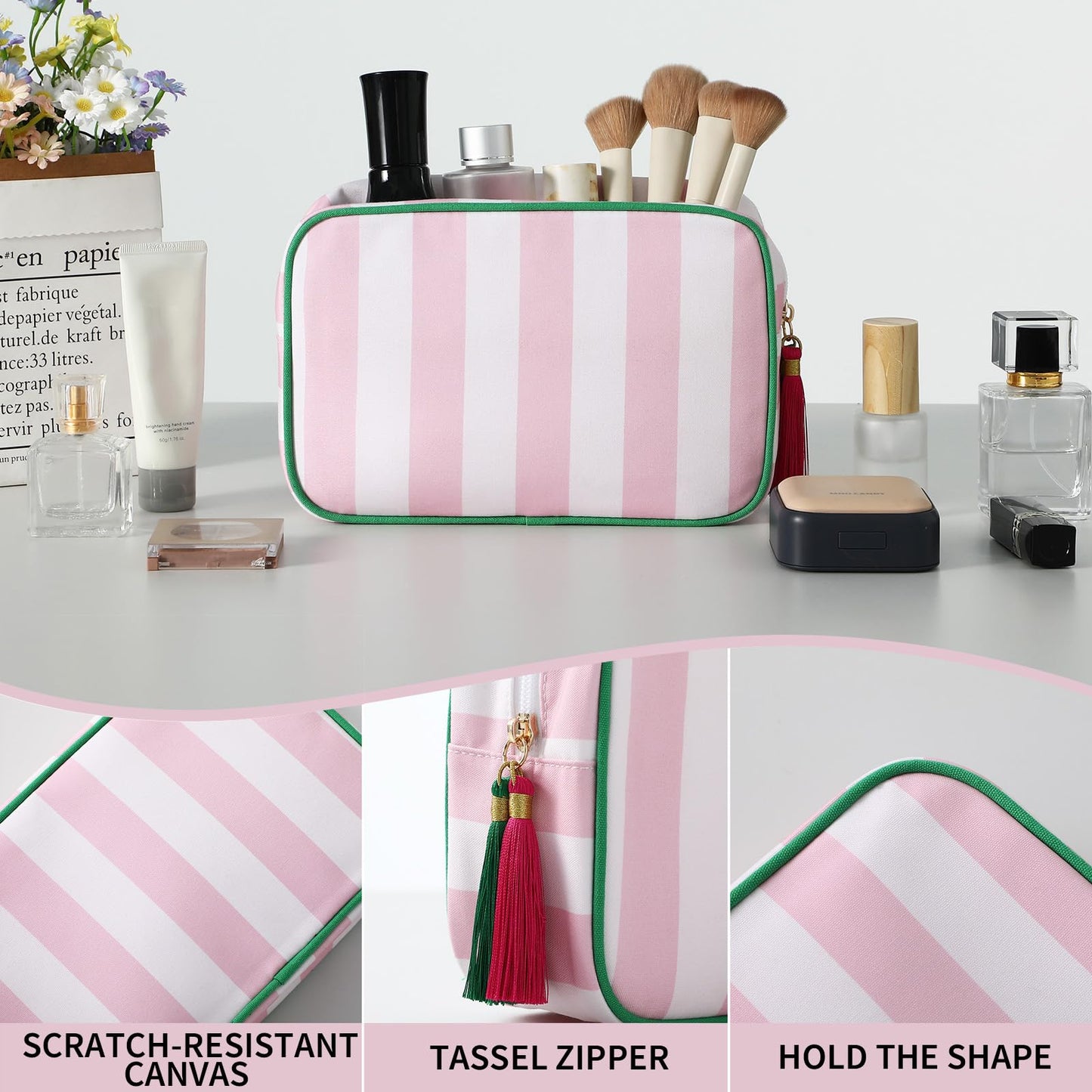 EMBRUNIOICE Stripe Makeup Bag Travel Cosmetic Bag Organizer Tassel Toiletry Bag Large Canvas Zipper Pouch and Mahjong Tile Bag (White with Pink)