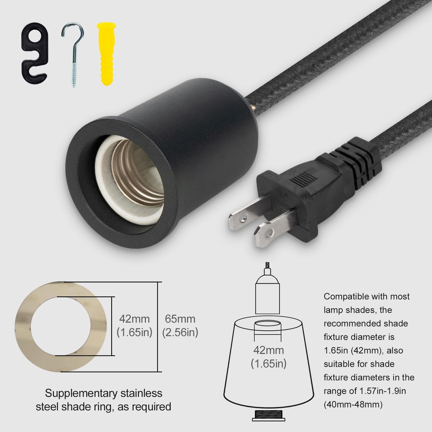 Hovnuyee Plug in Pendant Light Cord with Switch,Braided Hanging Lamp Kit with Ceramic Bulb Socket,DIY Lamp Shade Replacement Cord,Swag Light kit Fixture Fabric Wrapped Cable 15ft Black
