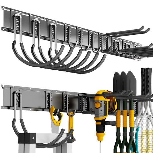 CRXCRC Shed Tool Organizer Wall Mount, 64inch Heavy Duty Garden Tool organizer Storage System, Easy Install With 10 Adjustable Hooks, For Garage, Basement, Shed, Workshop(Black)
