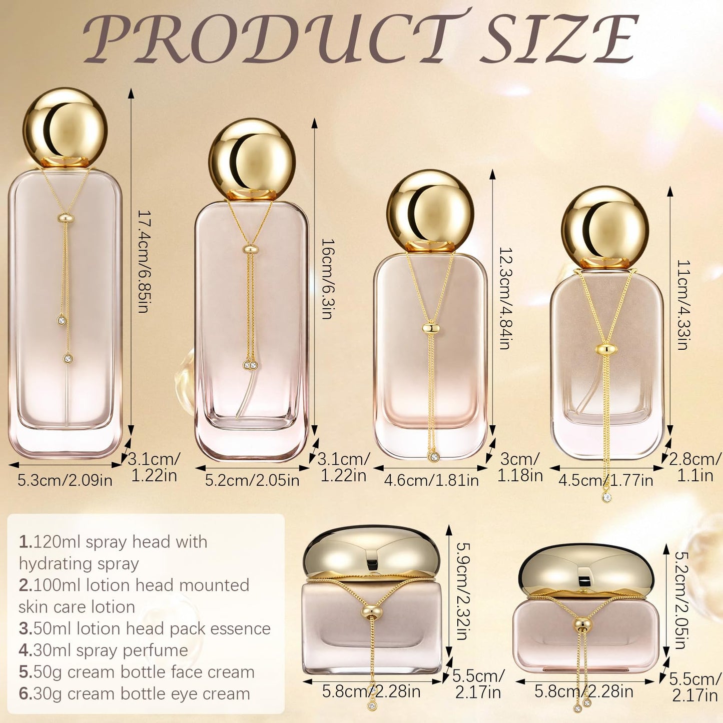 Gandeer 6 Pcs Luxury Glass Skincare Containers Set Refillable with Pump Glass Bottle with Gold Chain Spray Bottle Skincare Jars 1.01-4.06 oz for Oil Water Cream Foundation Serum Moisturizer(Orange)