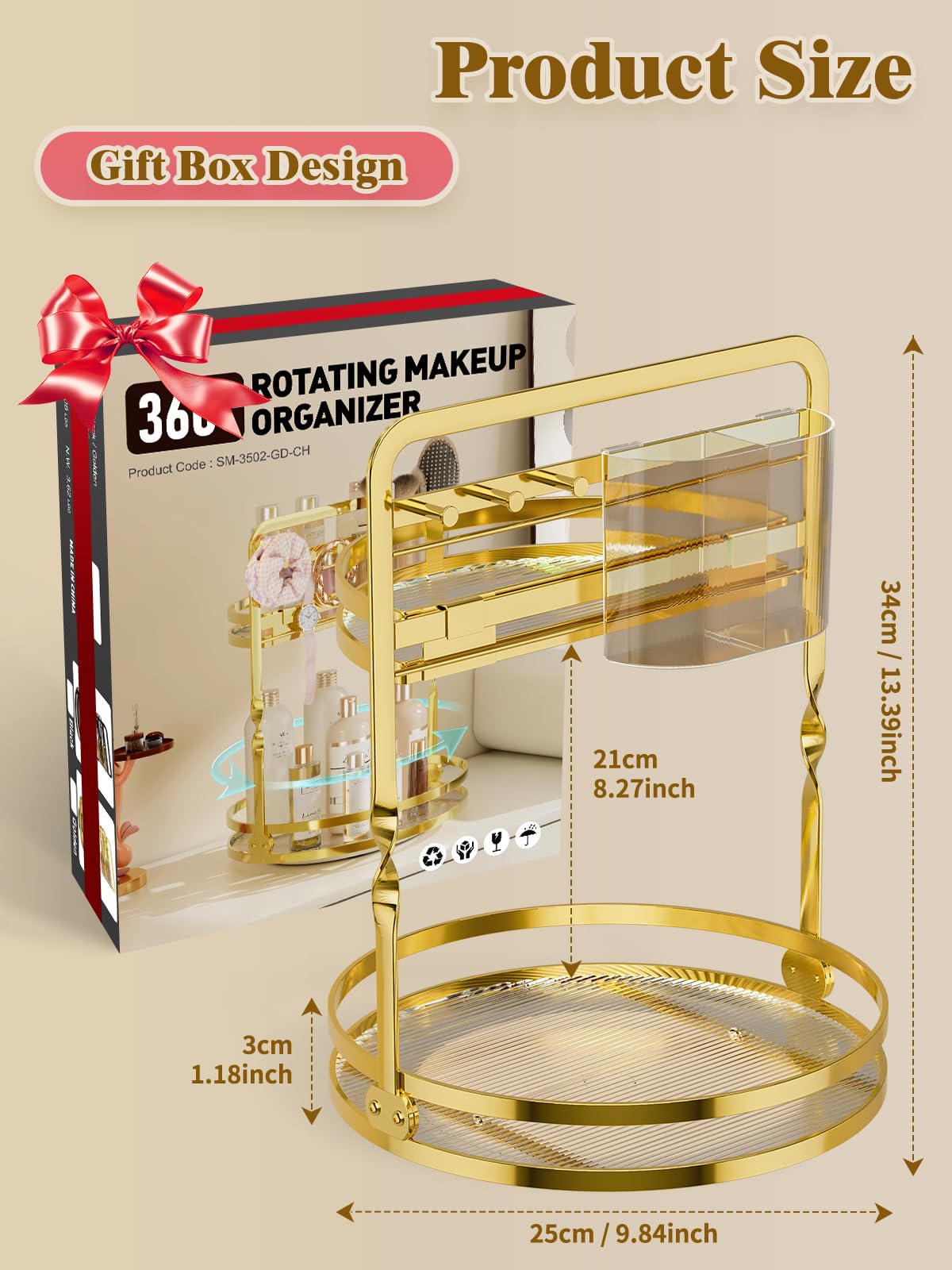 DUANFEE 360° Rotating Makeup Organizer for Vanity, 2-Tier Gold Bathroom Organizer Countertop with Makeup Brush Holder & Jewelry Hooks, Spinning Bathroom Counter Organizer for Perfume Skincare Dresser