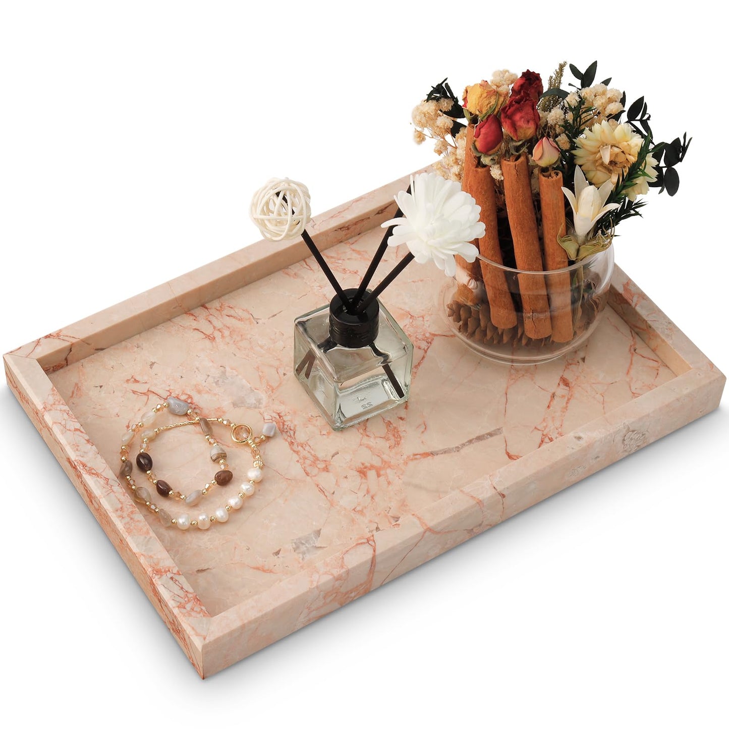 MULWR Marble Bathroom Tray,Pure Natural Vanity Tray,Marble Trays for Kitchen Counter Non-Ceramic/Non-Resin,Stone Tray 12 x 8 inch (Pink) ﻿
