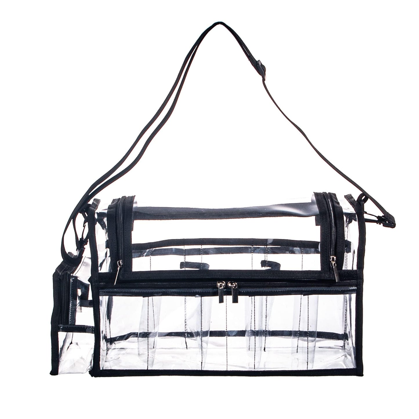 Large Professional Free Standing Clear PVC Makeup Artist Set Bag Transparent Makeup Brush Buddy Make up Kits Organizer Carry All MUA Travel Cosmetic Bag with 8 Dividers and Tissue Holder