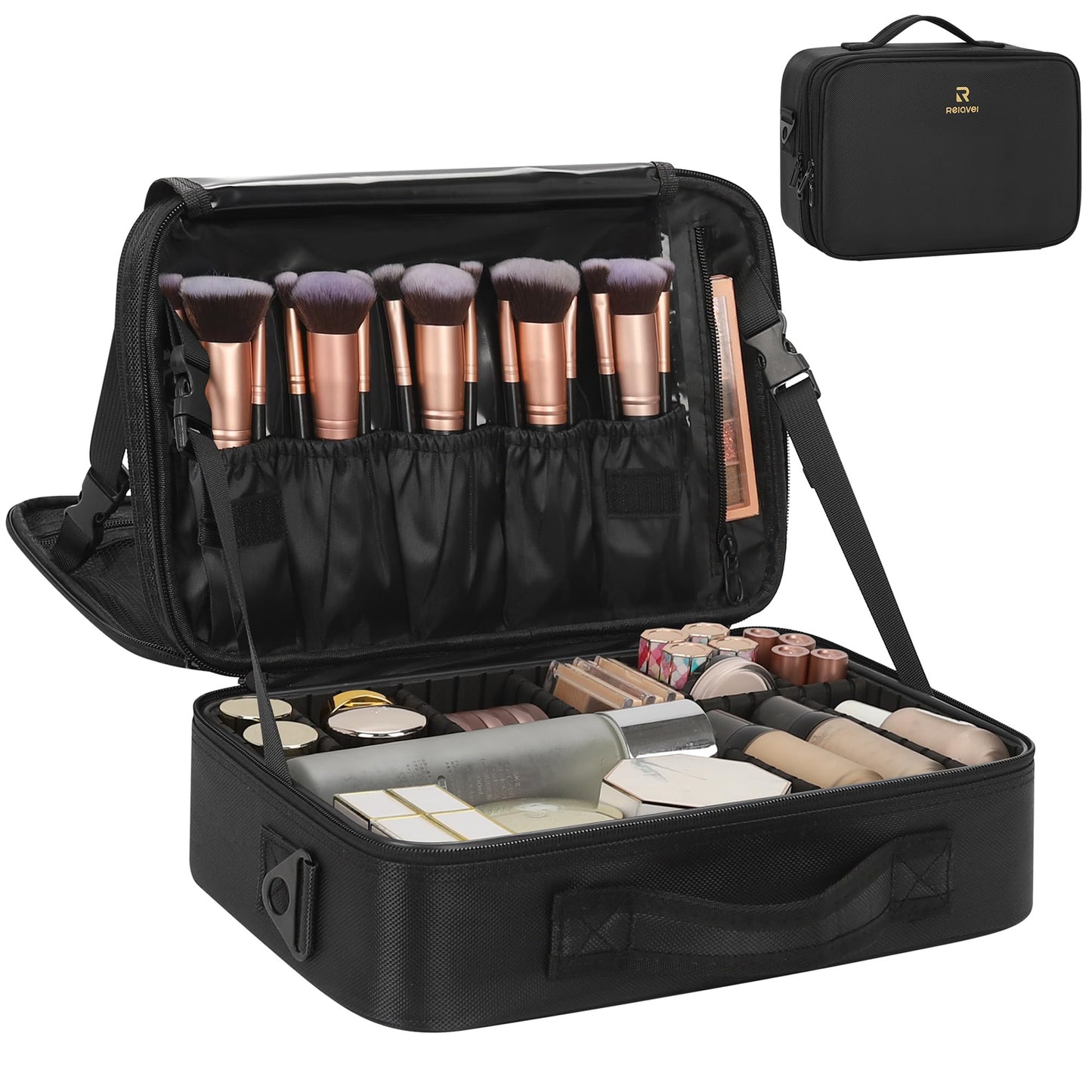 Relavel Makeup Bag Train Case for Women Travel Cosmetic Organizer with Adjustable Dividers and Brush Compartment, Large Storage Box for Cosmetics, Toiletries, Nail Polish, Jewelry, Electronic (Black)