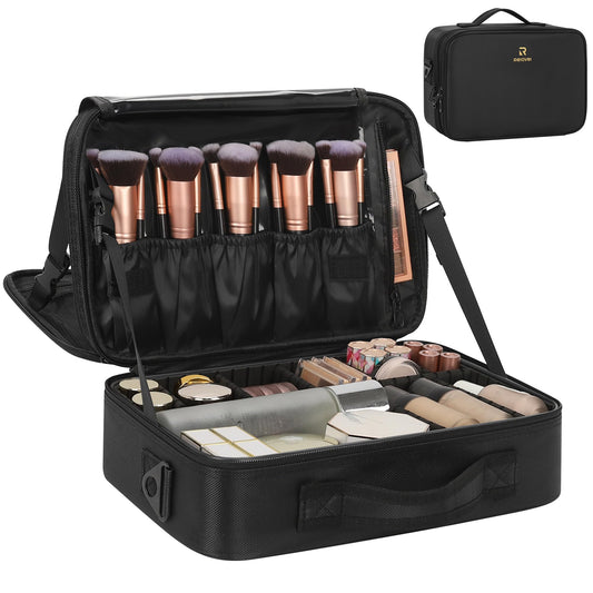 Relavel Makeup Bag Train Case for Women Travel Cosmetic Organizer with Adjustable Dividers and Brush Compartment, Large Storage Box for Cosmetics, Toiletries, Nail Polish, Jewelry, Electronic (Black)