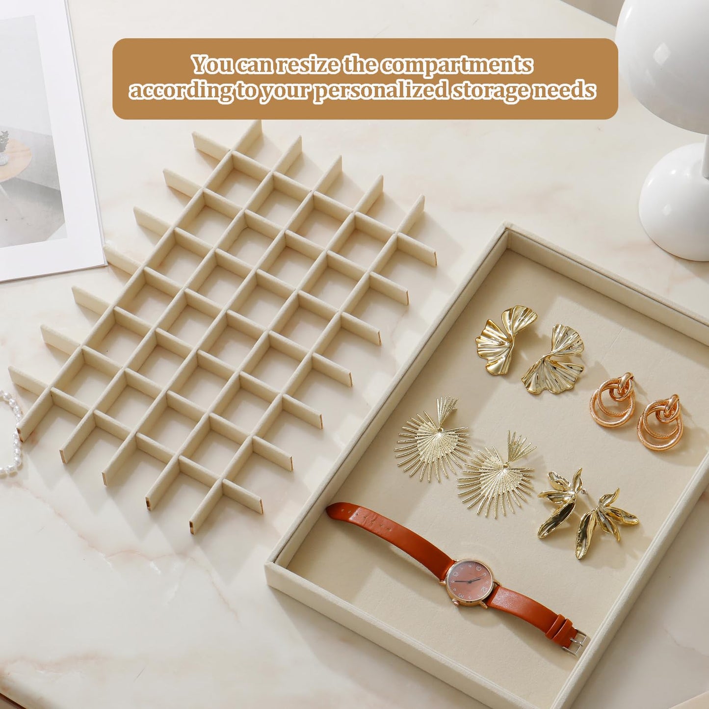 KATISYIO Large Velvet Jewelry Tray 2 Pack Stackable Jewelry Display Drawer Inserts Trays Organizer for Earring Bracelet Necklace Ring (Beige, 48 Grids)