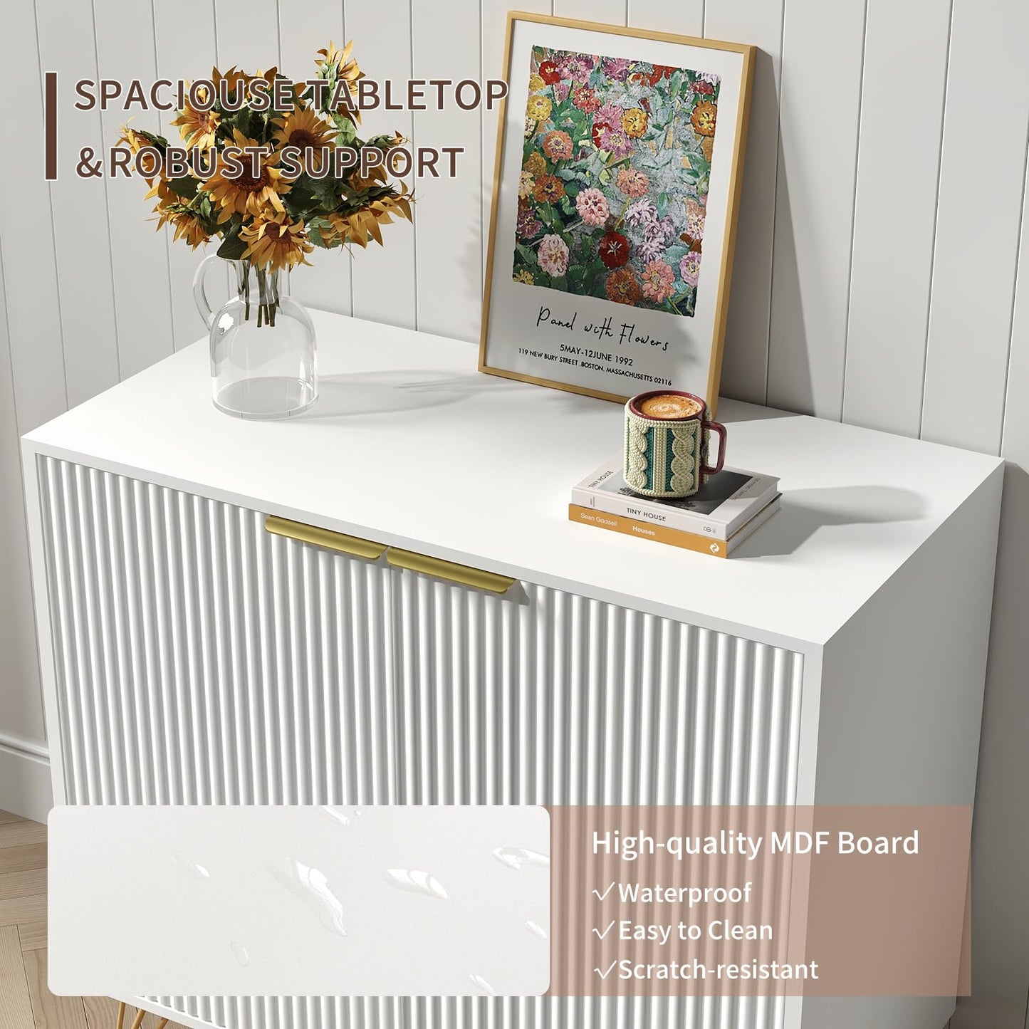 NOVAMAISON White Buffet Cabinet with Storage - Fluted White and Gold Cabinets with 2 Doors and Adjustable Shelf, Modern Accent Cabinet Console Coffee Bar Table for Kitchen, Entryway, Office