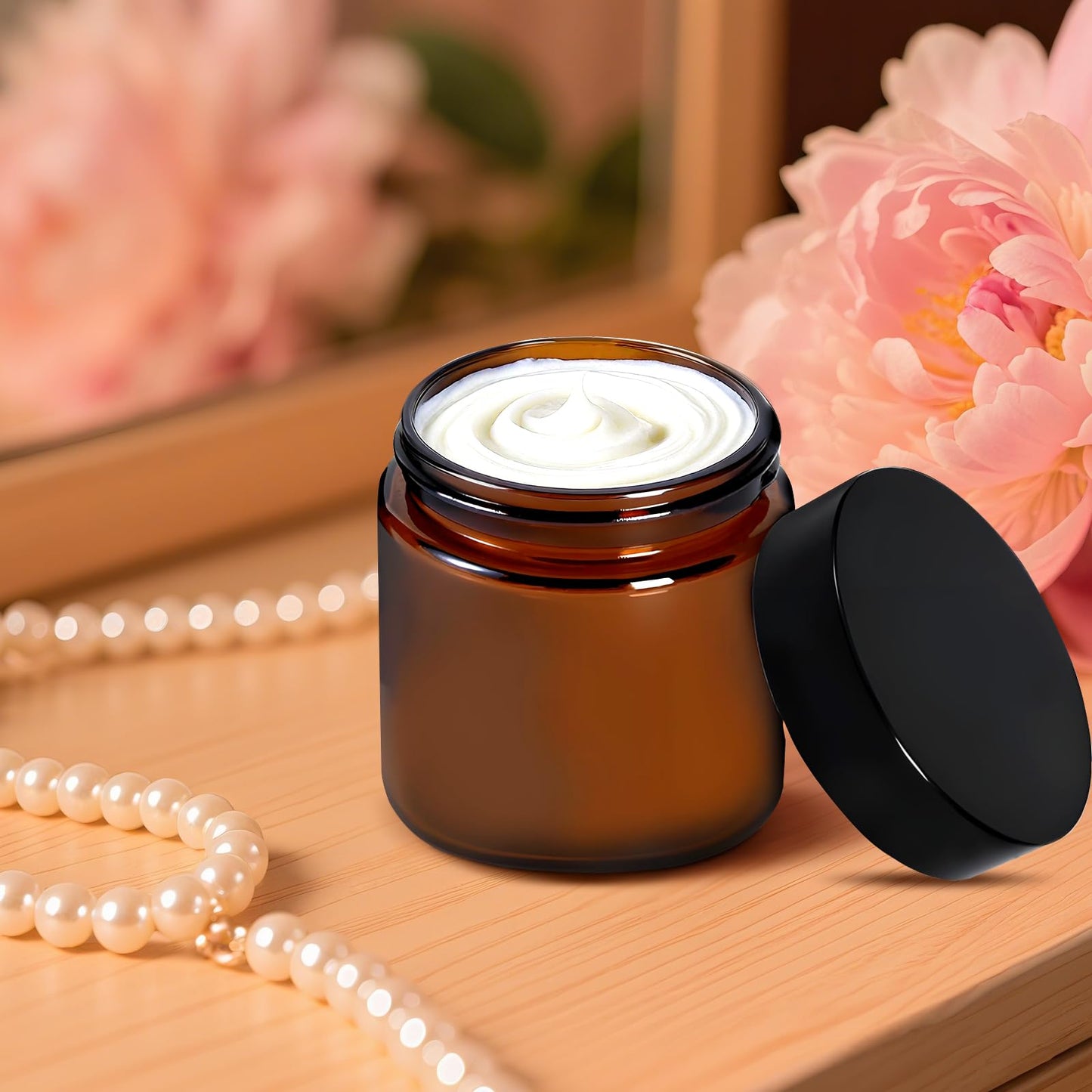 Nexboraque 30 Pack 4oz Small Glass Jars with Black Lids, Round Amber Cosmetic Container with Inner Liners for Lotion, Cream, Ointments, Makeup, Eye shadow, Rhinestone, Samples, Pot, Travel Storage