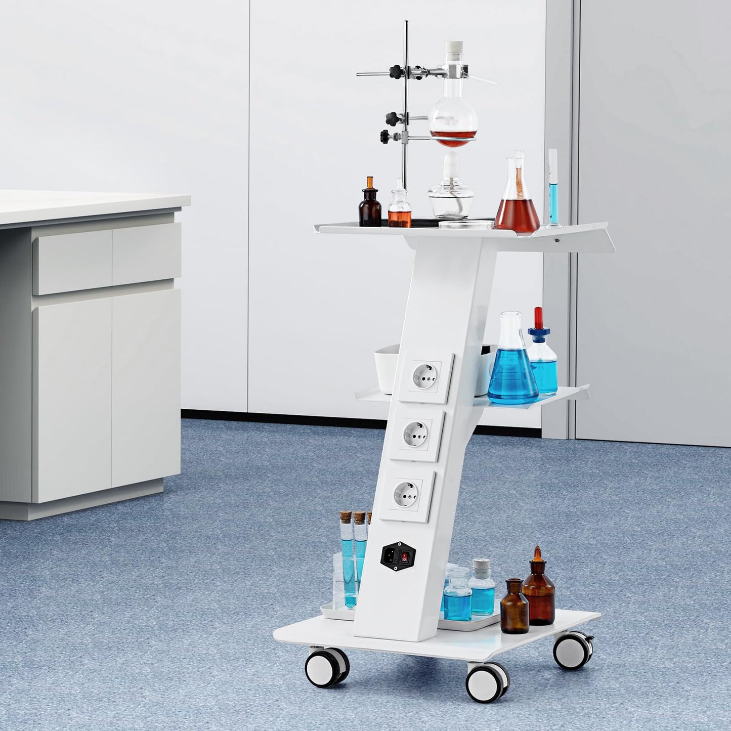 VEVOR Rolling Esthetician Cart with 3 Built-in Sockets, 3-Tier Metal Medical Trolley on Swivel Wheels, Mobile Ultrasonic Tray Cart, for Lab, Clinic, Beauty and Dental, 220 lbs Weight Capacity