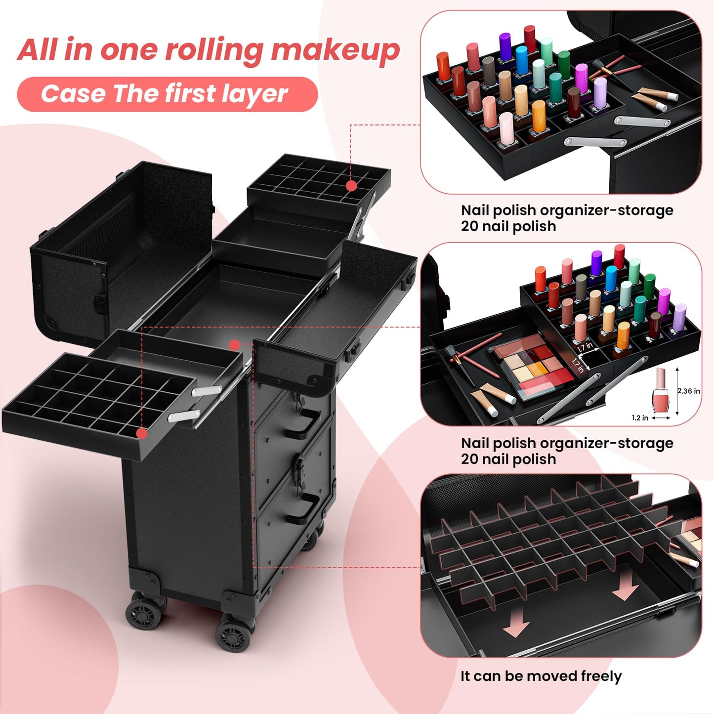 ALUROICE Large Rolling Makeup Train Case, Professional Travel Cosmetology Case on Wheels with Drawers, 3 Tiers Nail Organizers Storage Case for Nail Tech, Tattoo, Hairstylist, Makeup, Extra Large