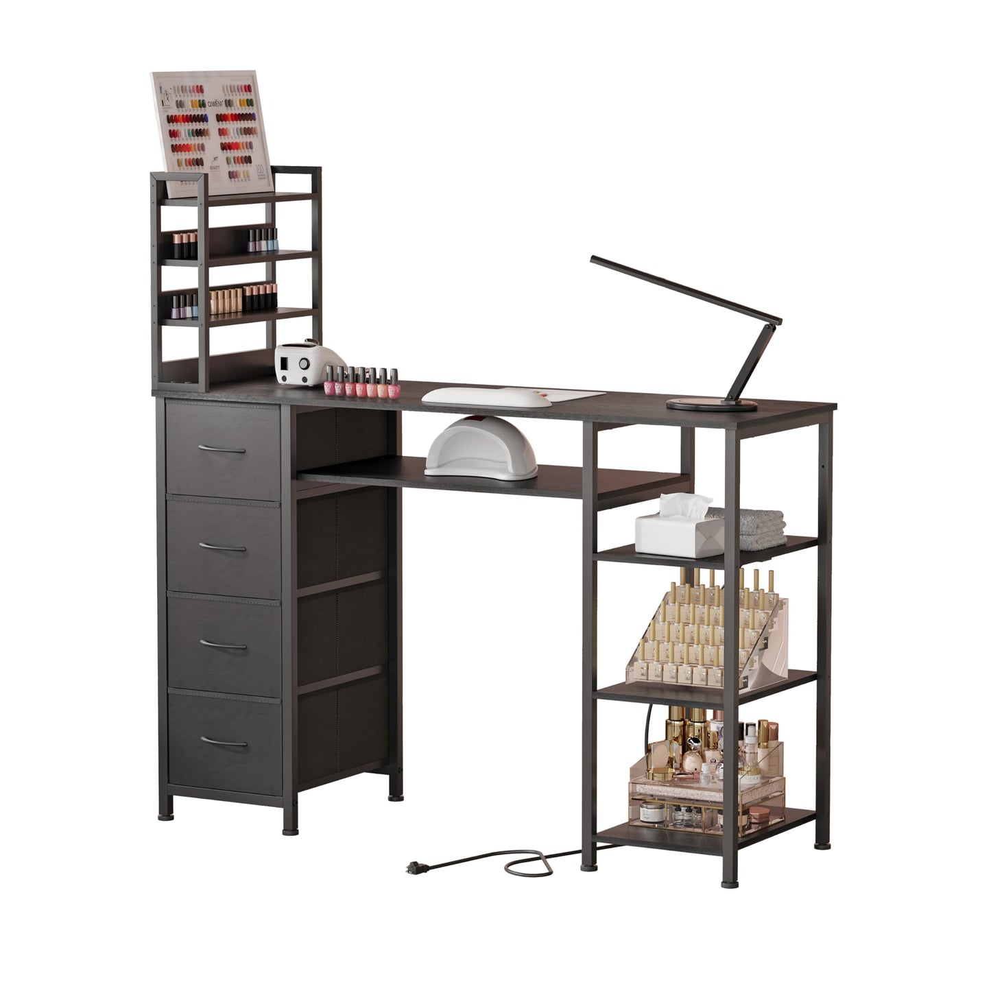 NinPeen Manicure Table Nail Desk for Nail tech with Drawers and Power Outlet,Nail Beauty Table with Storage and Open Shelves for Home,Workshop,Makeup Beauty Salon Workstation (Black)