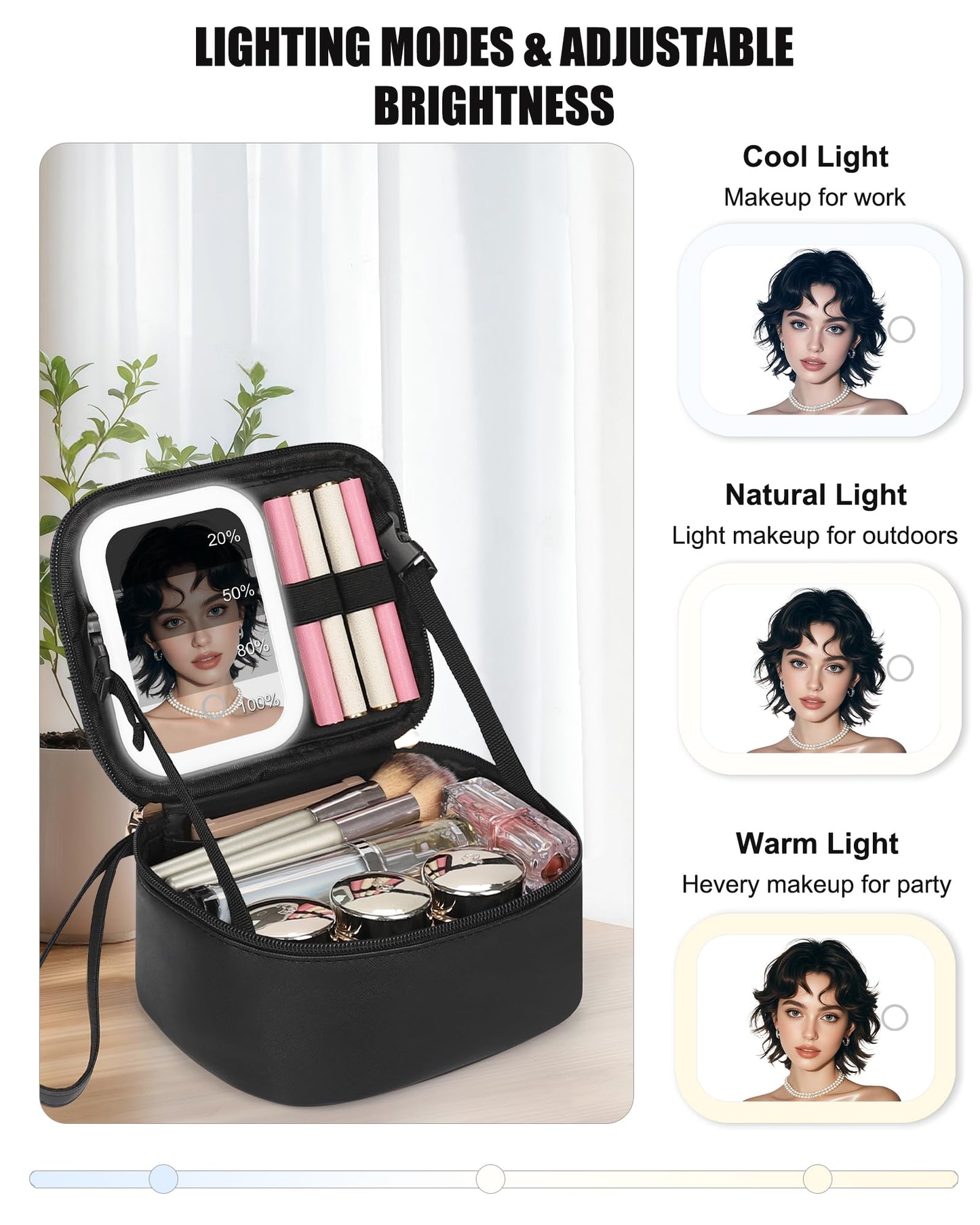 Relavel Small Makeup Bag with Led Mirror, Travel Cosmetic Case with 3 Light Modes and Adjustable Brightness, Foldable Makeup Pouch with Toiletries for Daily Use丨Work Touch-Ups丨Camping - Black