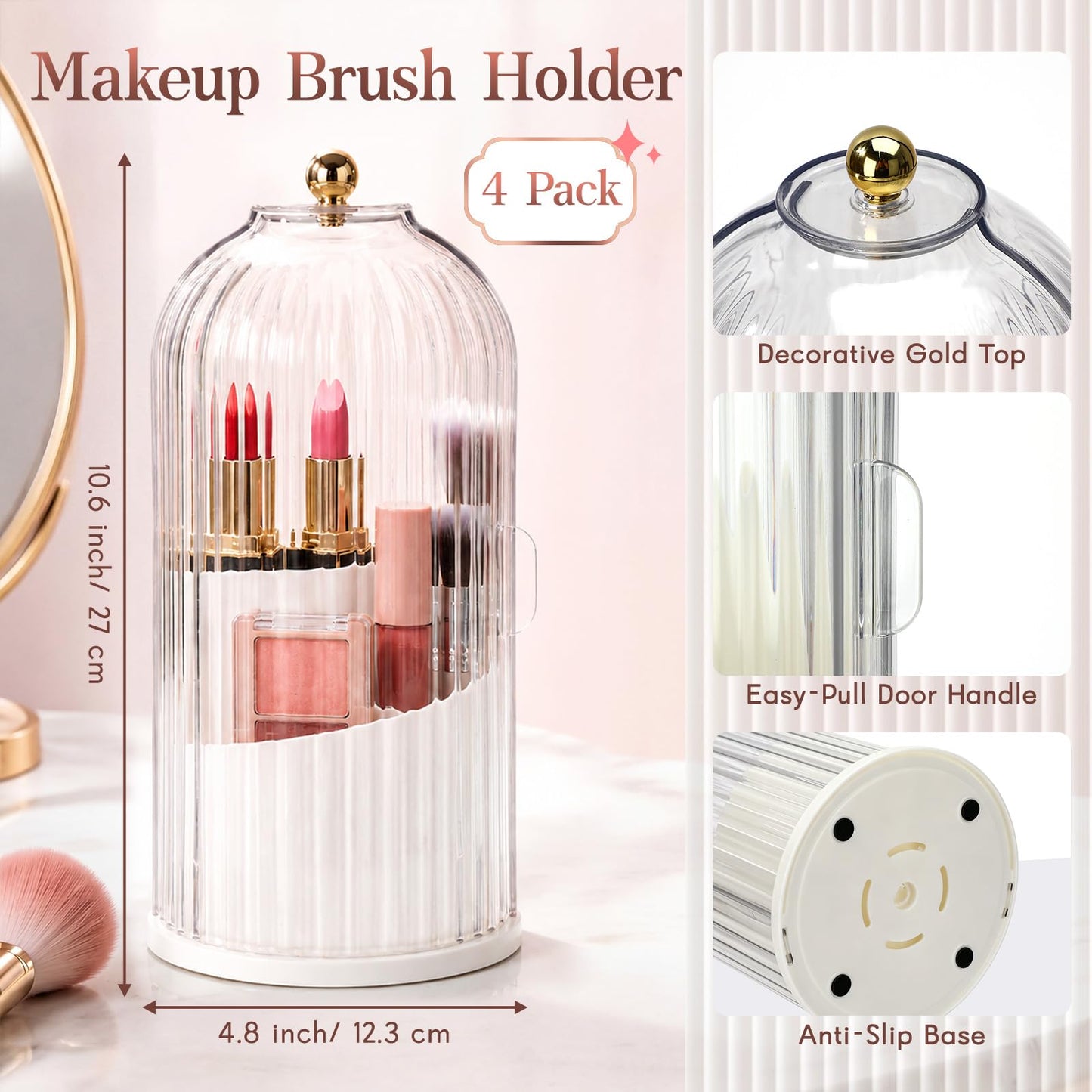 Novabright 4 Pack Makeup Brush Holder with Lid 360° Rotating Makeup Brush Organizer with 3 Compartments Dustproof Cosmetic Storage for Vanity Bathroom Countertop (Transparent)