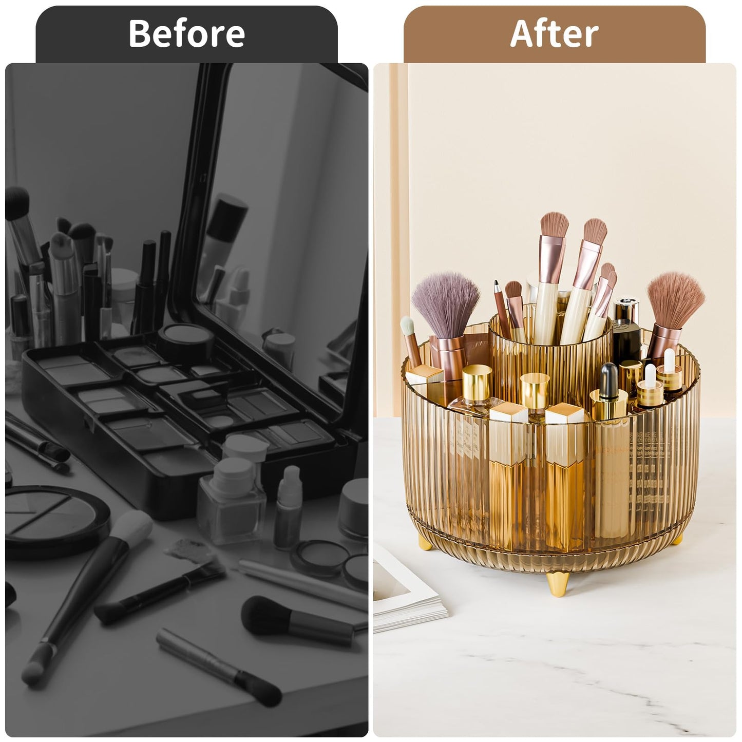 fanado 360° Rotate Makeup Brush Holder Organizer, Makeup Organizers Countertop, Makeup organization and Skincare Storage for Vanity, Desktop, Bathroom (Clear Amber)