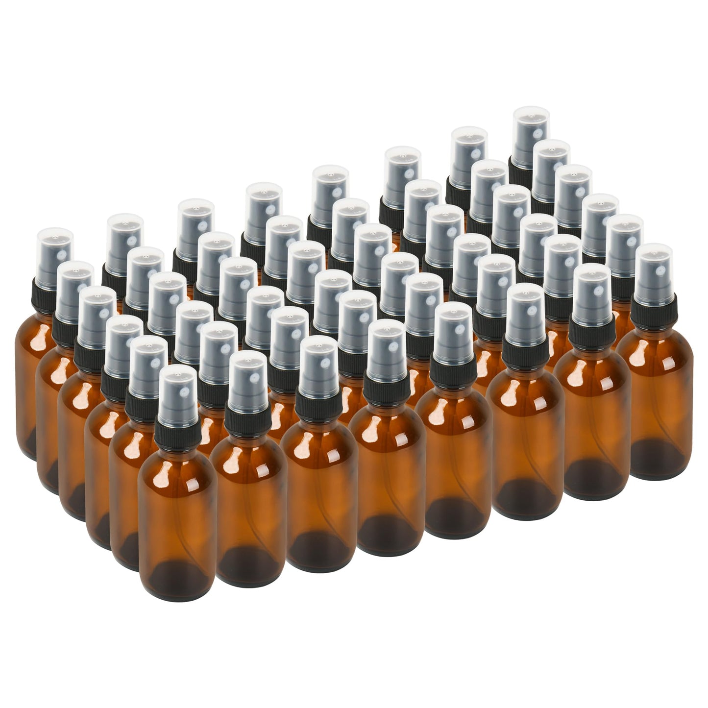 BILLIONSTARS 48 Pack 2oz Glass Boston Round Bottle with Fine Mist Sprayer - Amber - Essential Oils, Bath, Beauty, Hair & Cleaning - Leakproof Travel Bottles
