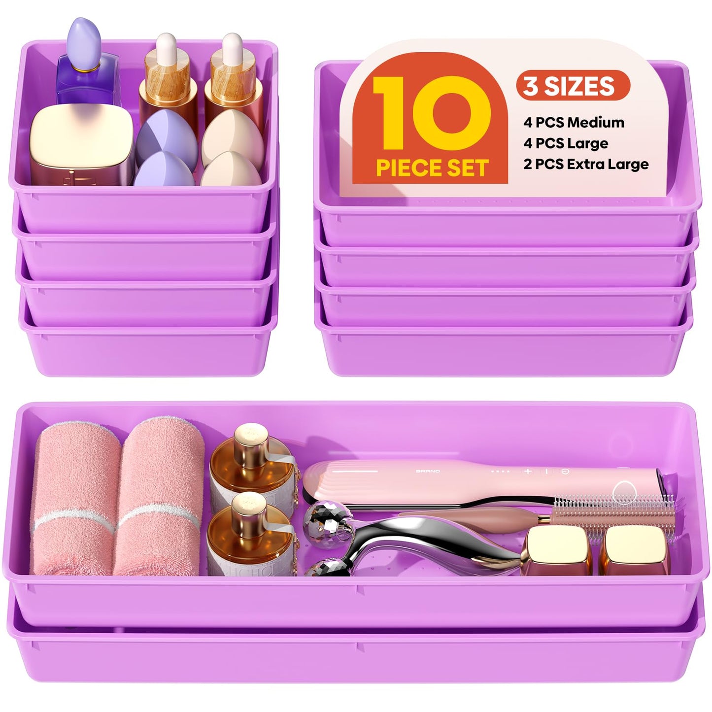 MLIKLU 10 Pack Large Size Plastic Drawer Organizers Set, 3 Sizes Desk Drawer Organizer Trays, Storage Bins for Vanity, Makeup, Bathroom, Kitchen Utensils and Office (Purple)