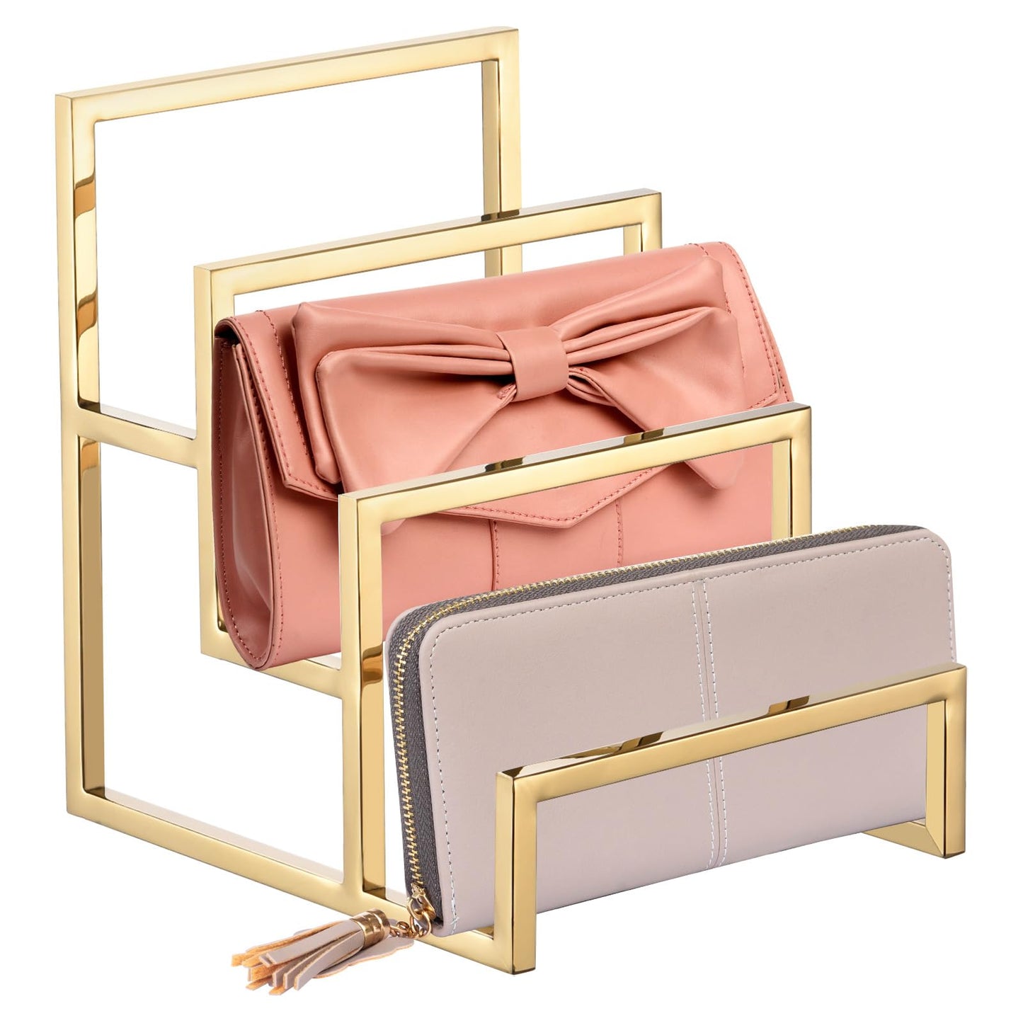uxcell Clutch Purse Display Stand 3 Layer Wallet Display Rack Metal Clutch Holder Riser for Home Retail Store Supplies - Gold, 2Pcs