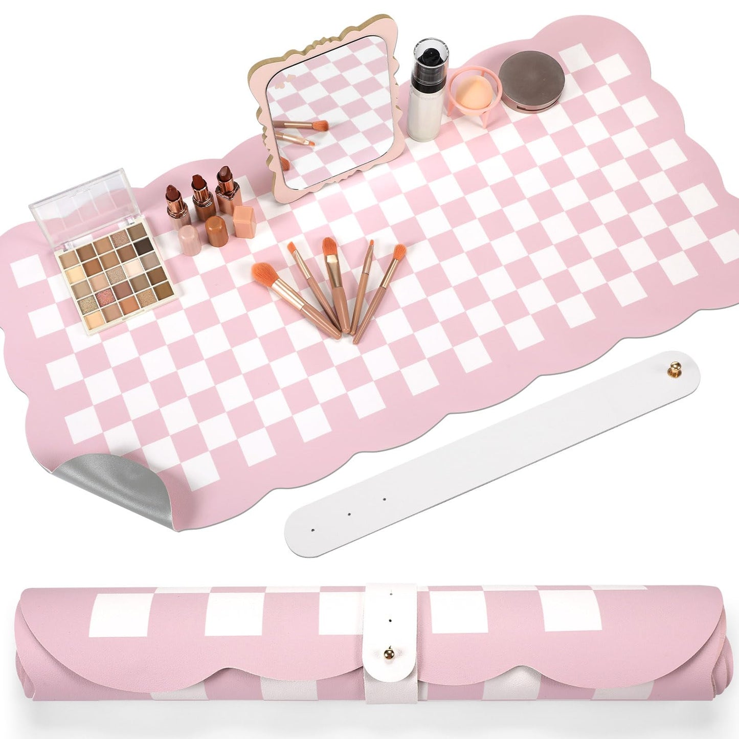 Nuanchu Pink Checkered Make up Mat, Pastel Vanity Makeup Pad Dual Sided Make up Mat for Vanity Easy to Clean Makeup Pad Waterproof and Oilproof(Scalloped)