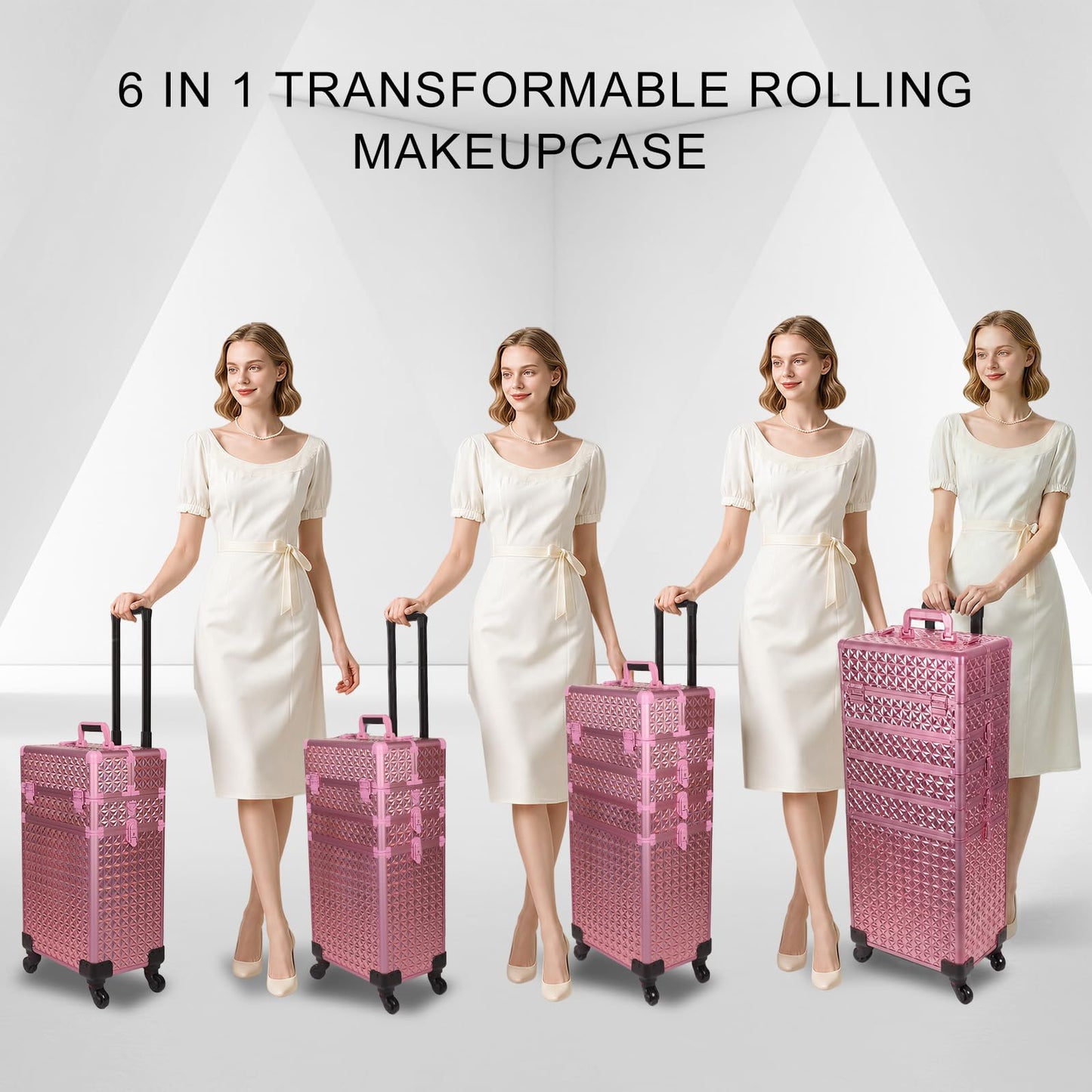 Rolling Makeup Train Case 6 in 1 with Mirror & Lock, Professional Makeup Travel Case, Large Cosmetic Organizer for Cosmetologists & Nails, Bonus 4 Replacement Wheels (6, Gold Pink Holographic)