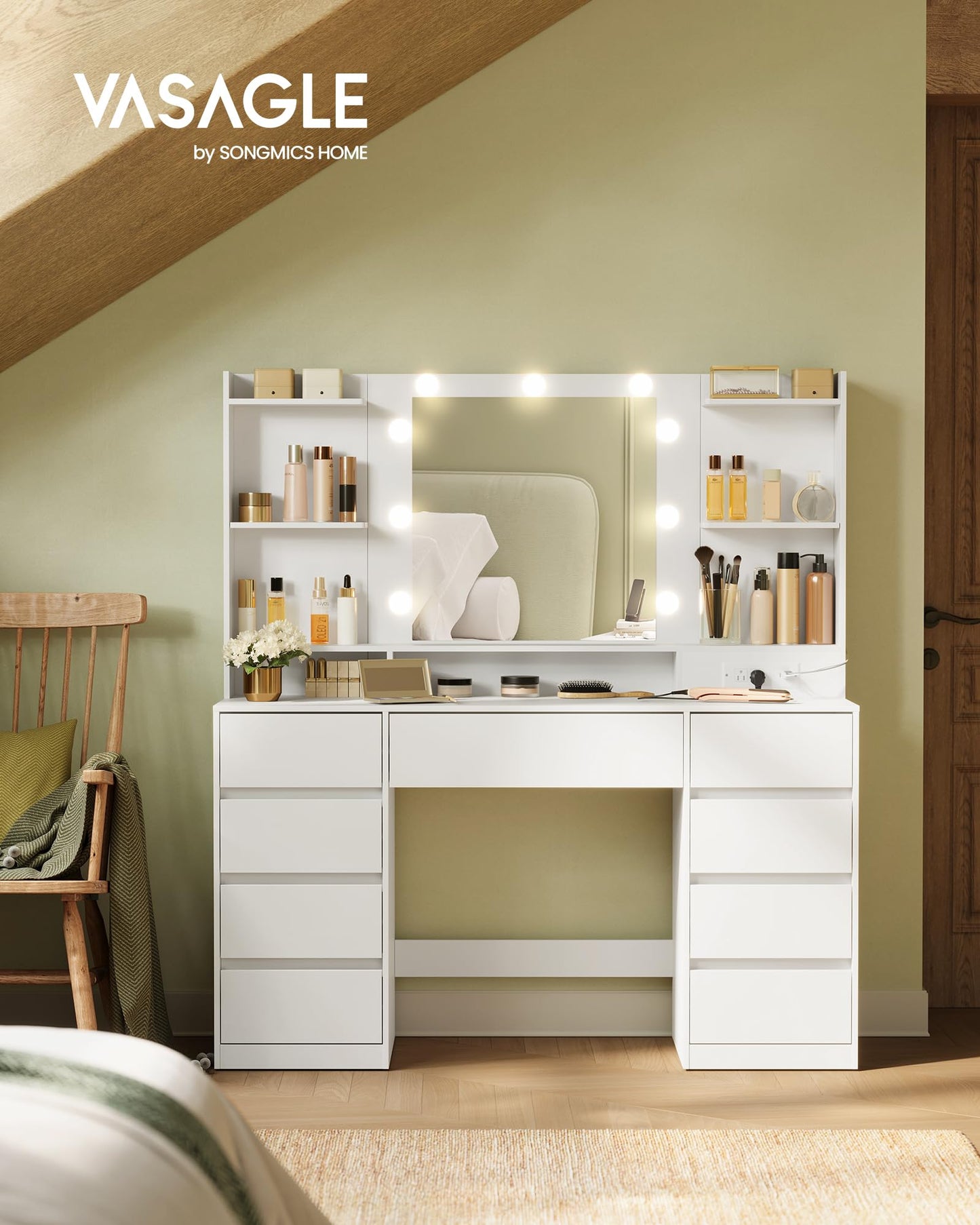 VASAGLE KAILYN Collection - Vanity Desk with Mirror and 9 LED Bulbs, Modern Vanity Makeup Table with Power Outlets, Dressing Table with 9 Drawers, for Bedroom, Cloud White URDT141WB01S