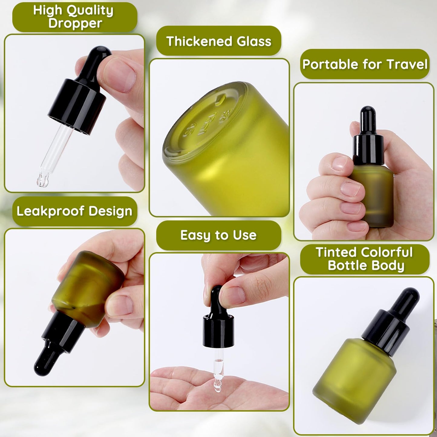 Segbeauty 0.5oz Frosted Glass Dropper Bottles for Oils, 15ml Eye Dropper Bottle Refillable, 4pcs Green Essential Oil Bottles Empty, Liquid Travel Containers for Toiletries, Mini Travel Face Oil Bottle