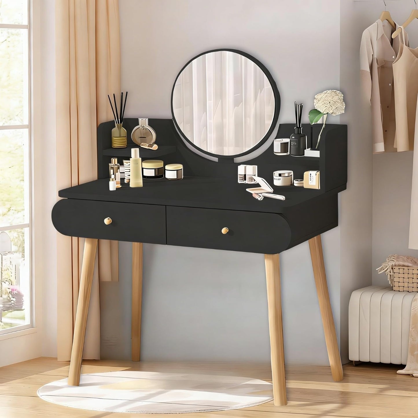 YEYGRIEM Makeup Vanity Table Set with Mirror, Medium Density Fiberboard Modern Makeup Vanity Dressing Desk with 2 Drawers and 2 Shelves, 31.5"(L)*15.7"(W)*47.2"(H), Black (Without Stool)