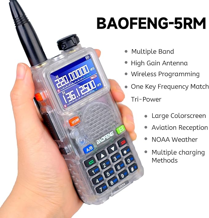 BAOFENG 5RM 10W NOAA Emergency 2500mAh Battery 999CH Ham Radio High Power Long Range Walkie Talkies Handheld Survival Gear Hunting Camping (2pack) (Clear)