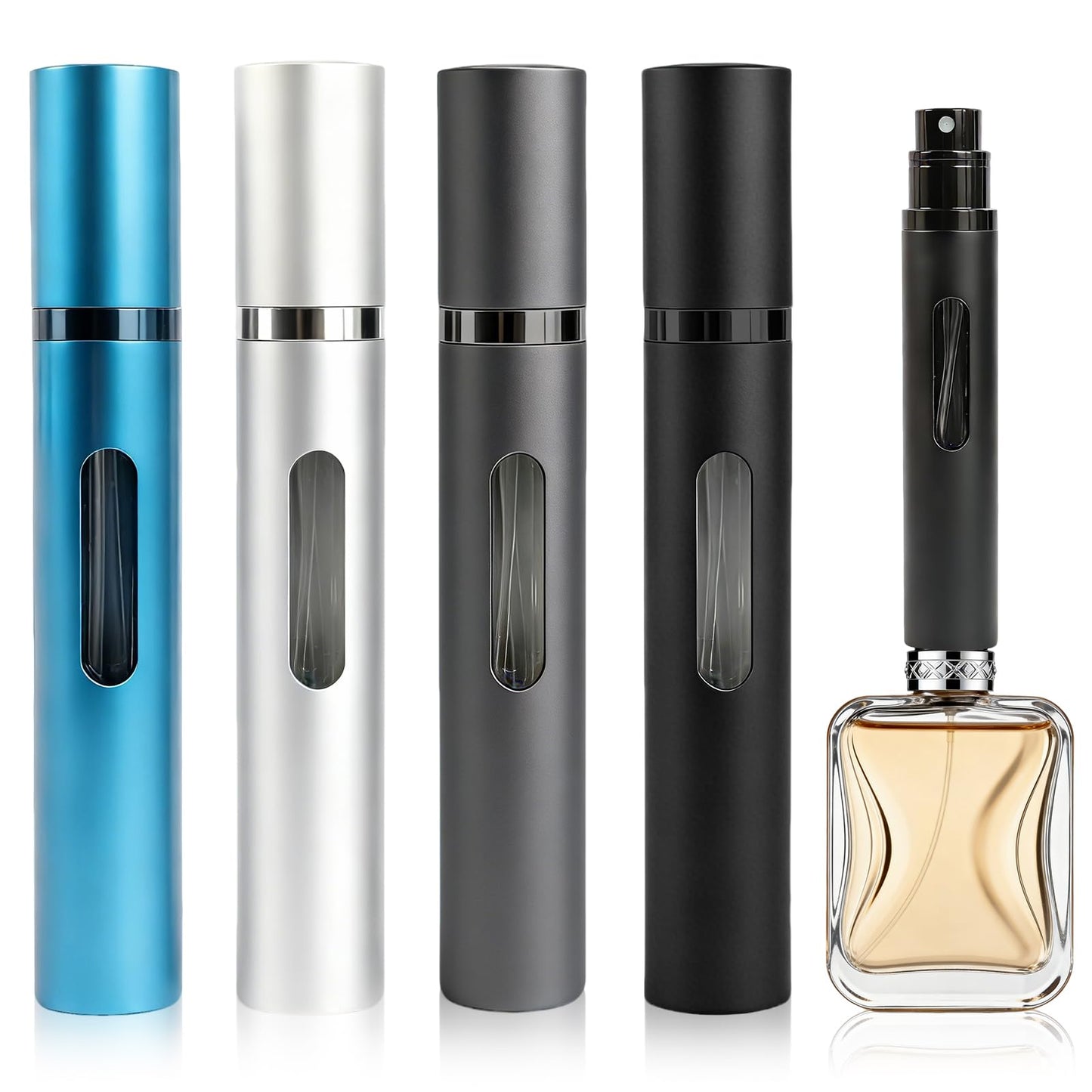 Nyuemystery 10ml 4 Pack Bottom Fill Perfume Atomizer, Refillable Travel Spray Bottle, Leak-Proof Portable Mini Cologne Dispenser with Pouch for Women & Men