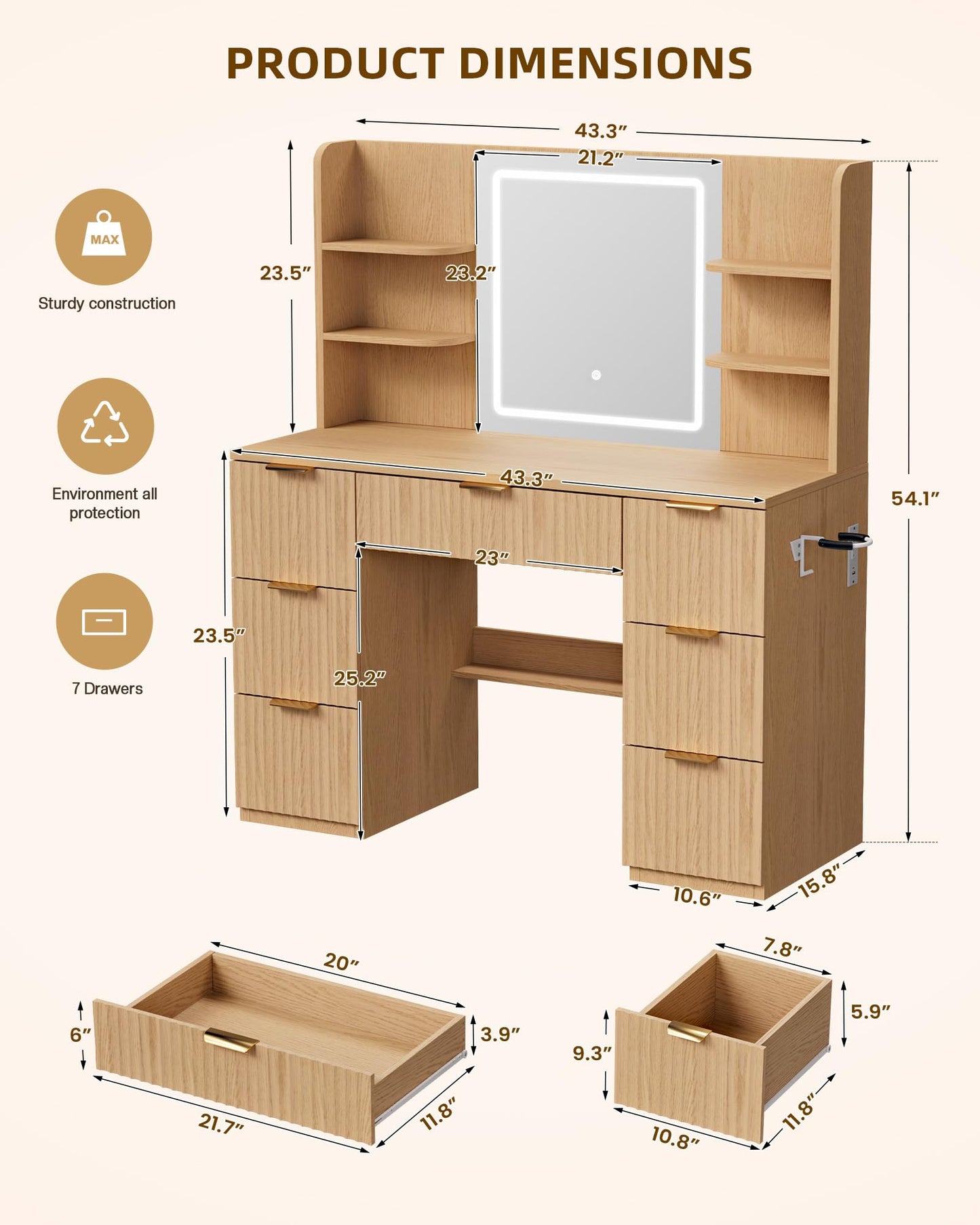 LIVELYGLOW 43" Large Natural Wood Makeup Vanity Desk with Charging Station
