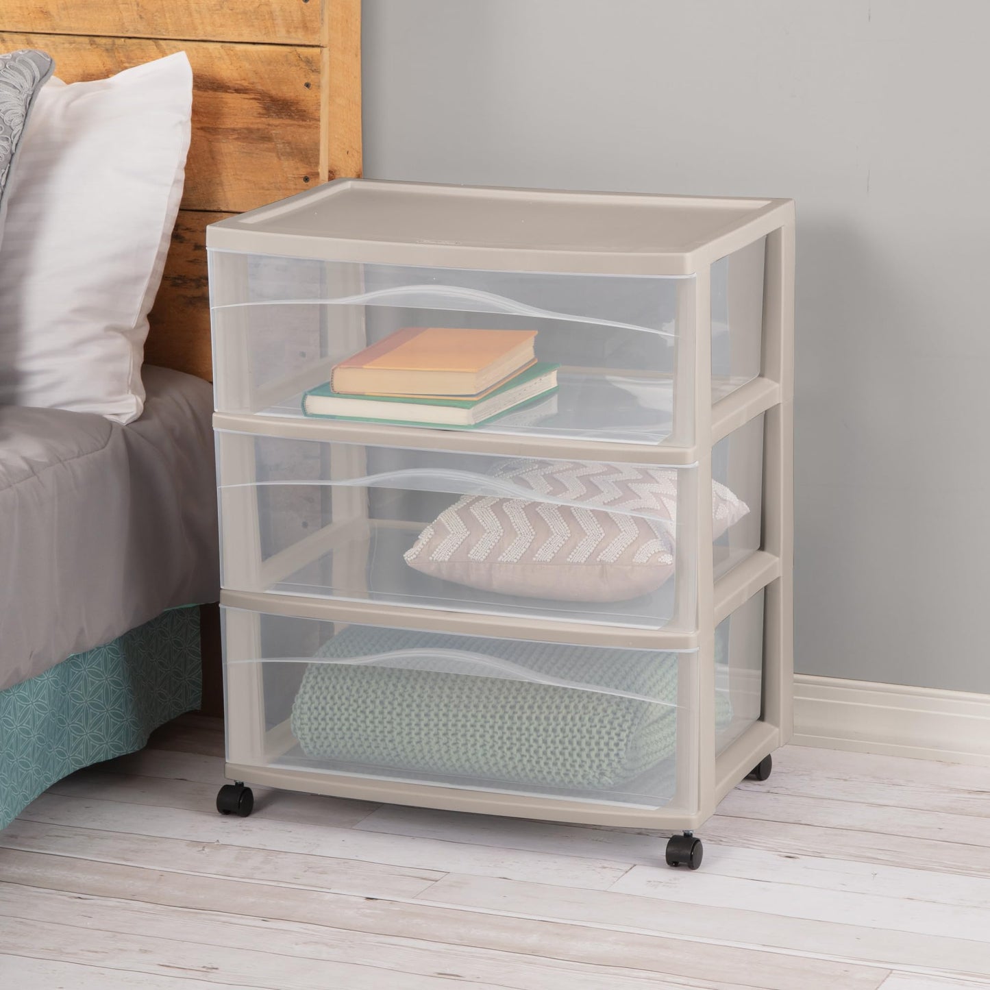 Sterilite 2 Pack Wide 3 Drawer Storage Cart, Rolling Organization, Grey