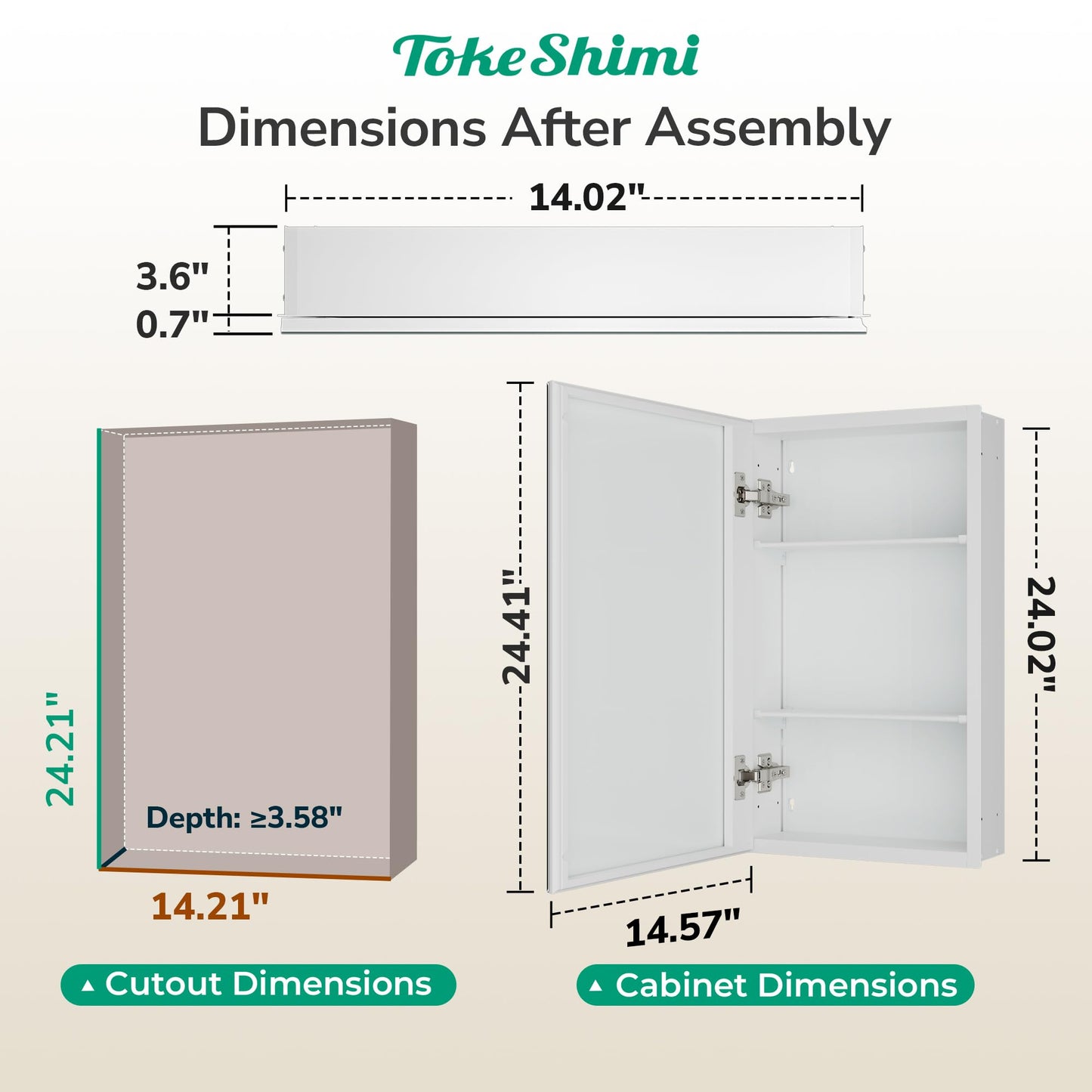 TokeShimi 14 x 24 Medicine Cabinet with Mirror, Assembly Required, White Recessed Bathroom Medicine Cabinet with Tempered Beveled Mirror, Stepless Adjustable Shelves, DTC Hinge