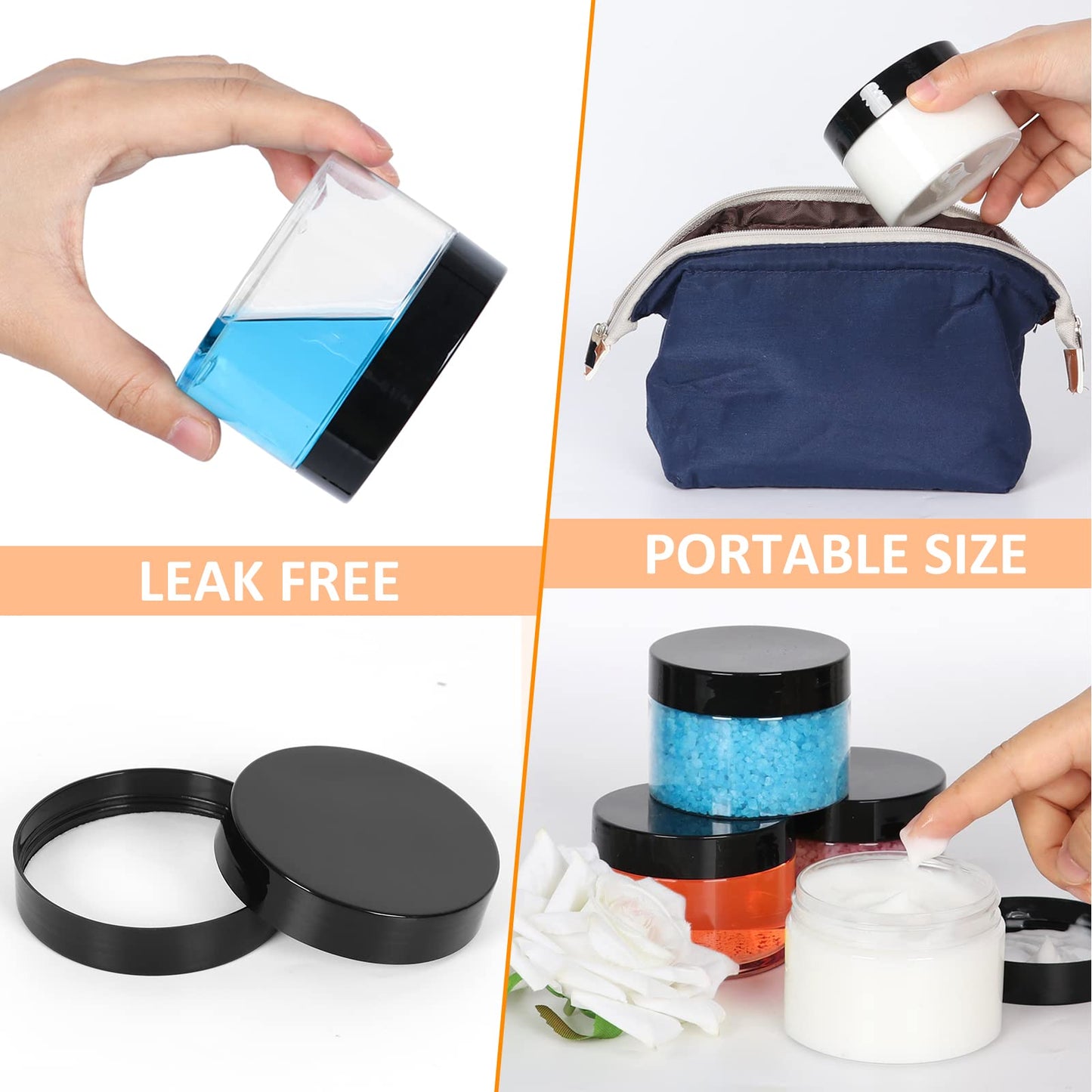 4 oz Small Travel Size Containers 48 Pack, Clear Plastic Jars with Leakproof Tight-Seal Black Lids, Durable Refillable Cosmetic Storage for Toiletries, Lip Balm, Lotion, Cream, Slime, Great Value Set