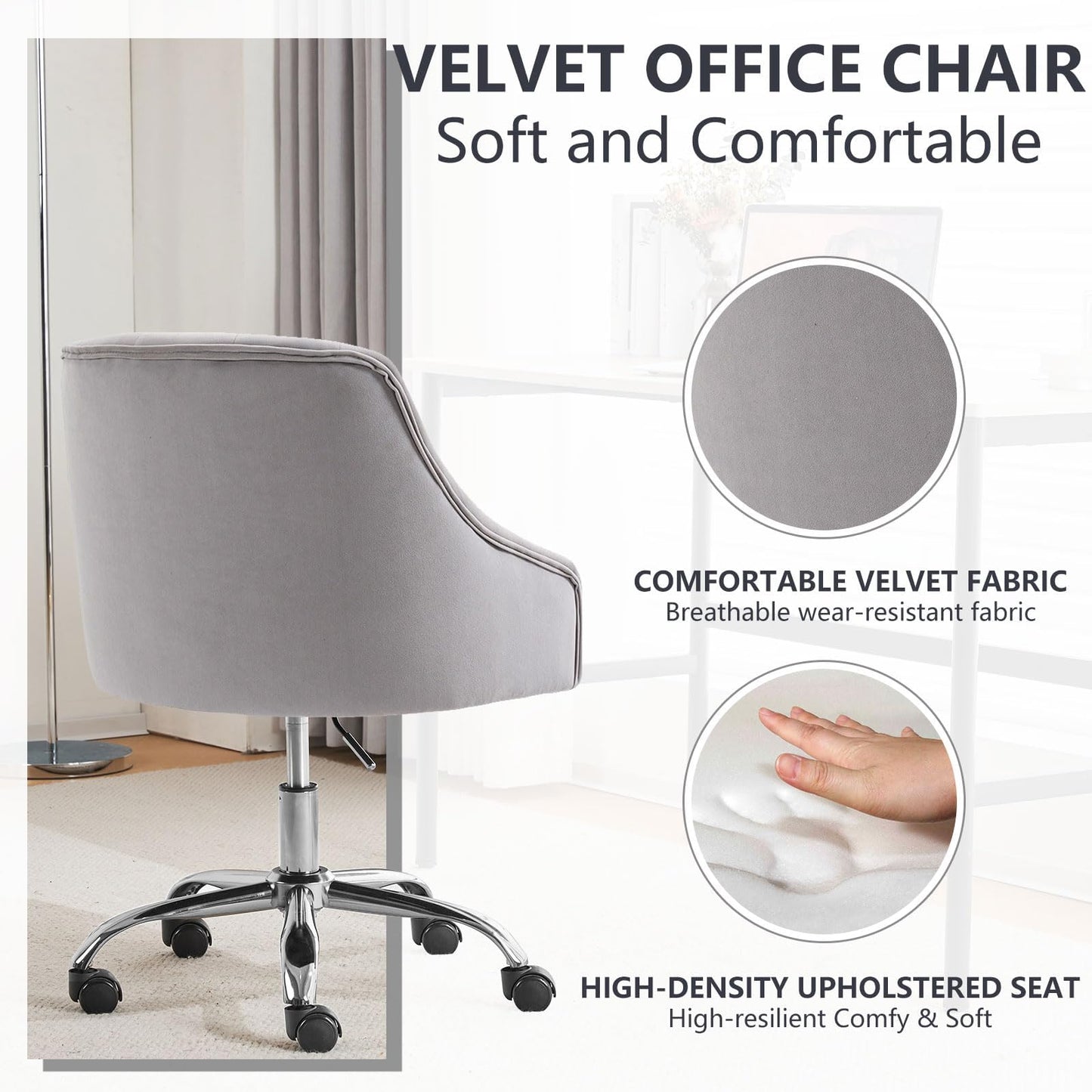 MOJAY Velvet Office Swivel Chair, Vanity Fabric Desk Pretty Fancy Gold Office Chairs for Girls, 360°Swivel Height Adjustable Reception Chair (Grey1)