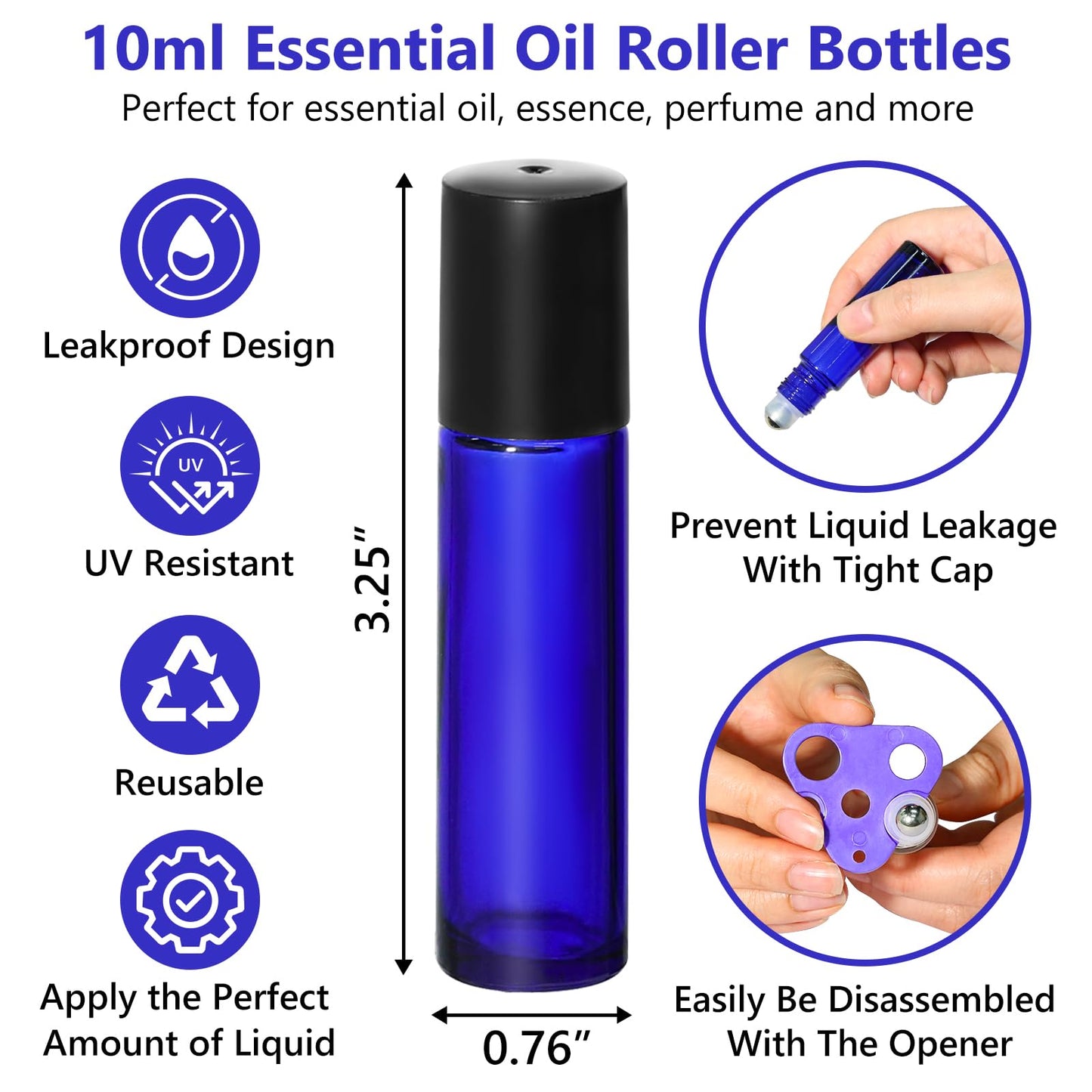 KEYWING 54 Pack Blue Essential Oil Roller Bottles – 10ml Glass Roll-On Bottles with Stainless Steel Roller Balls & Caps, Refillable Perfume Containers for Travel & DIY